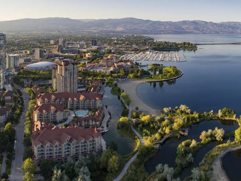 High-altitude view of Kelowna and Okanagan Lake