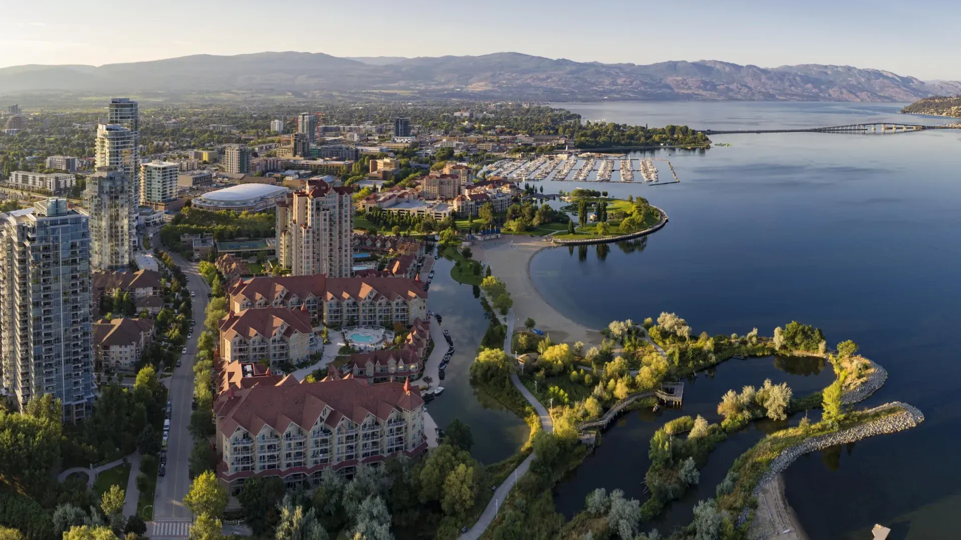 Stunning view of Kelowna BC overlooking the Okanagan Lake and city skyline