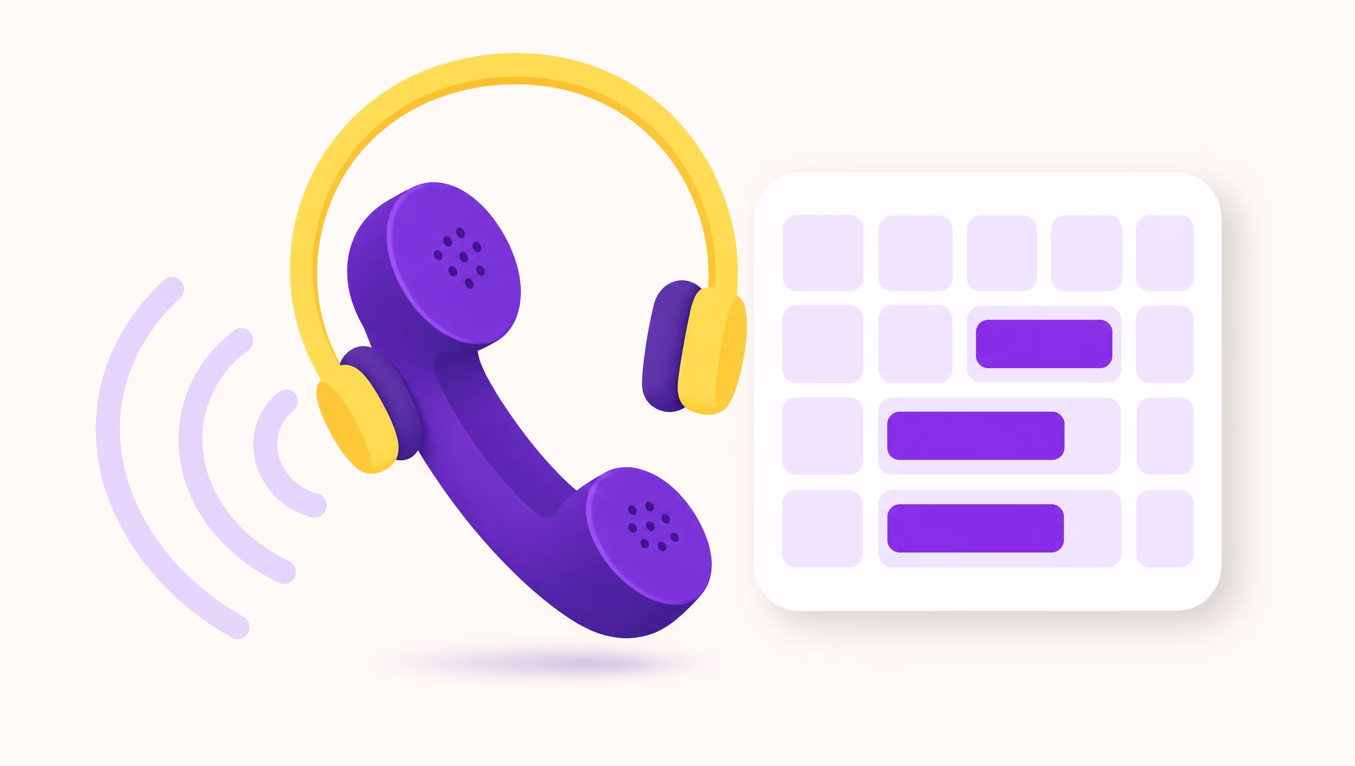 Flat vector illustration of a violet telephone handset with a yellow headset arc and lilac sound waves beside a white calendar card with violet booked time slots