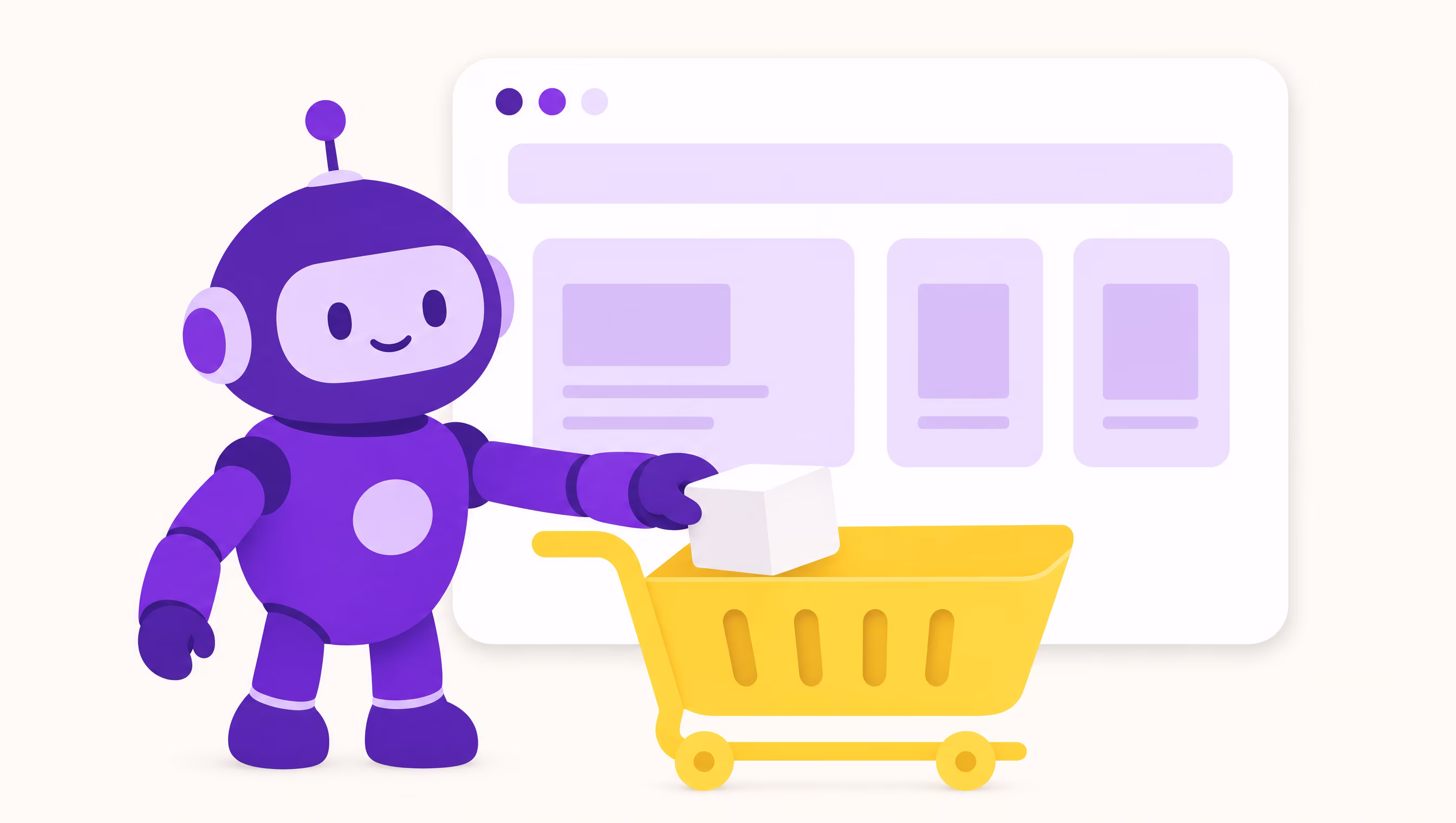 Flat vector illustration of a friendly violet robot placing a white box into a bold yellow shopping cart in front of a white browser window