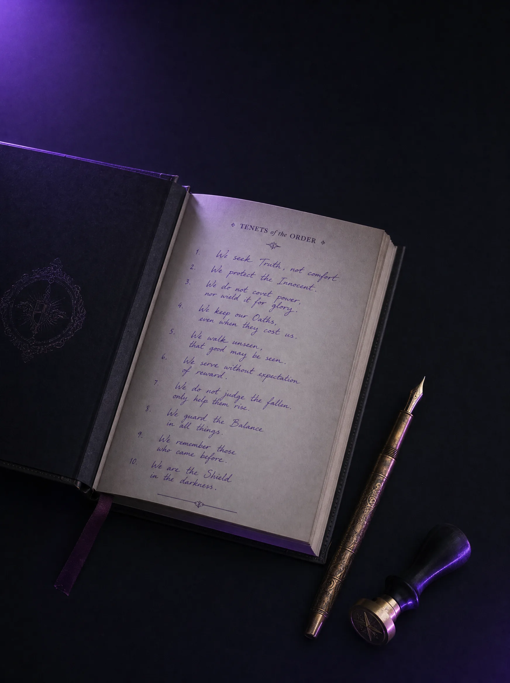An open ledger on a black desk titled Tenets of the Order, hand-written in violet ink with a brass fountain pen and a wax seal stamp beside it