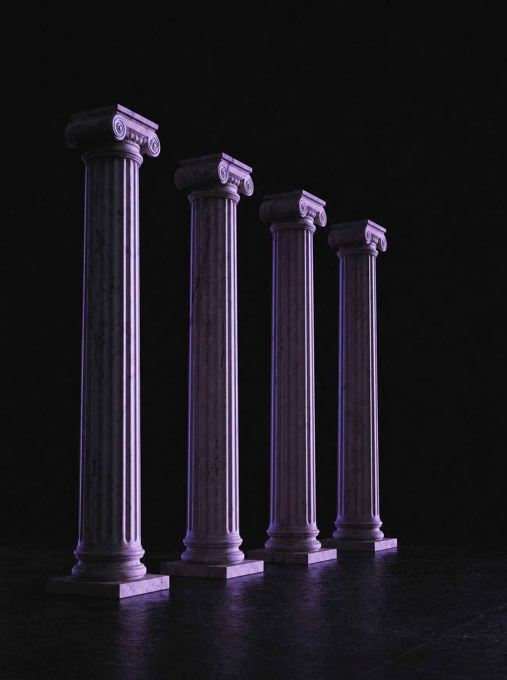 Four classical marble columns standing in a row on a black floor, lit by violet rim light