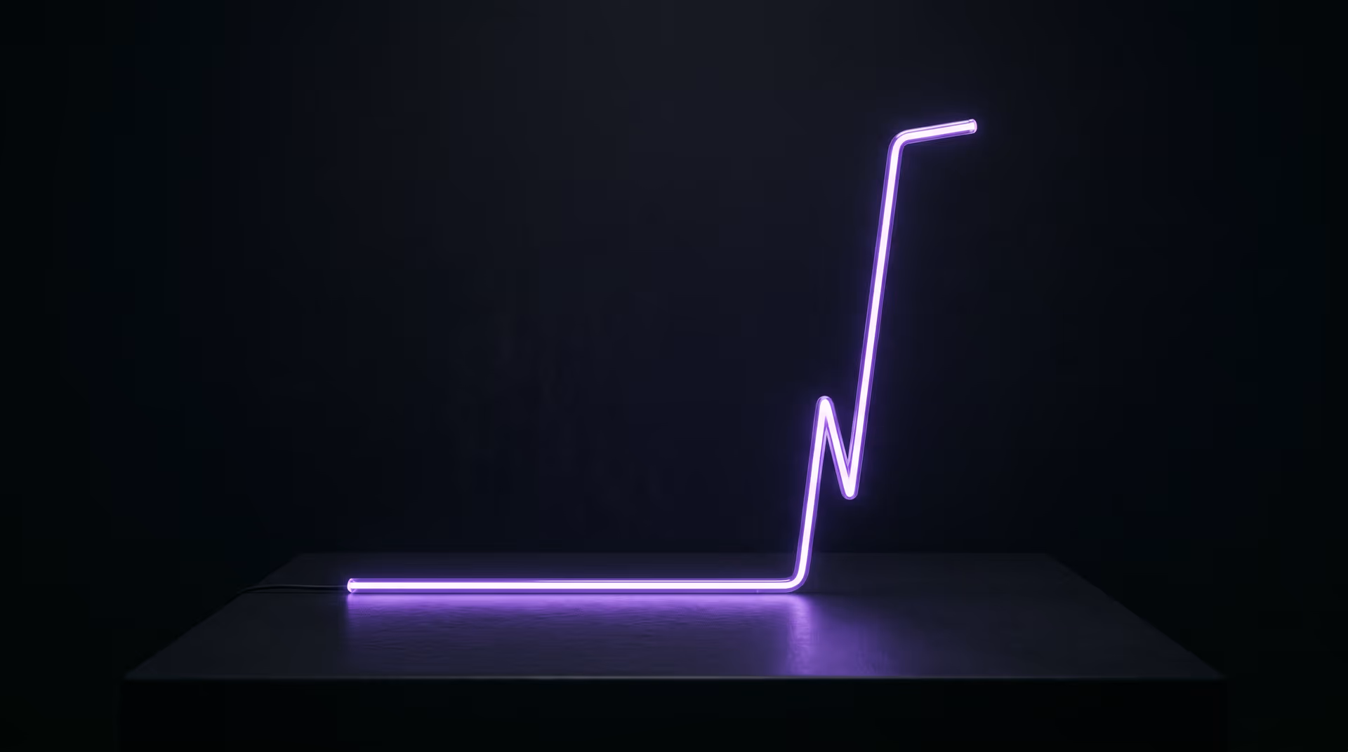Editorial dark studio image of a thin violet neon line graph forming a single tall seasonal traffic spike rising from a flat baseline