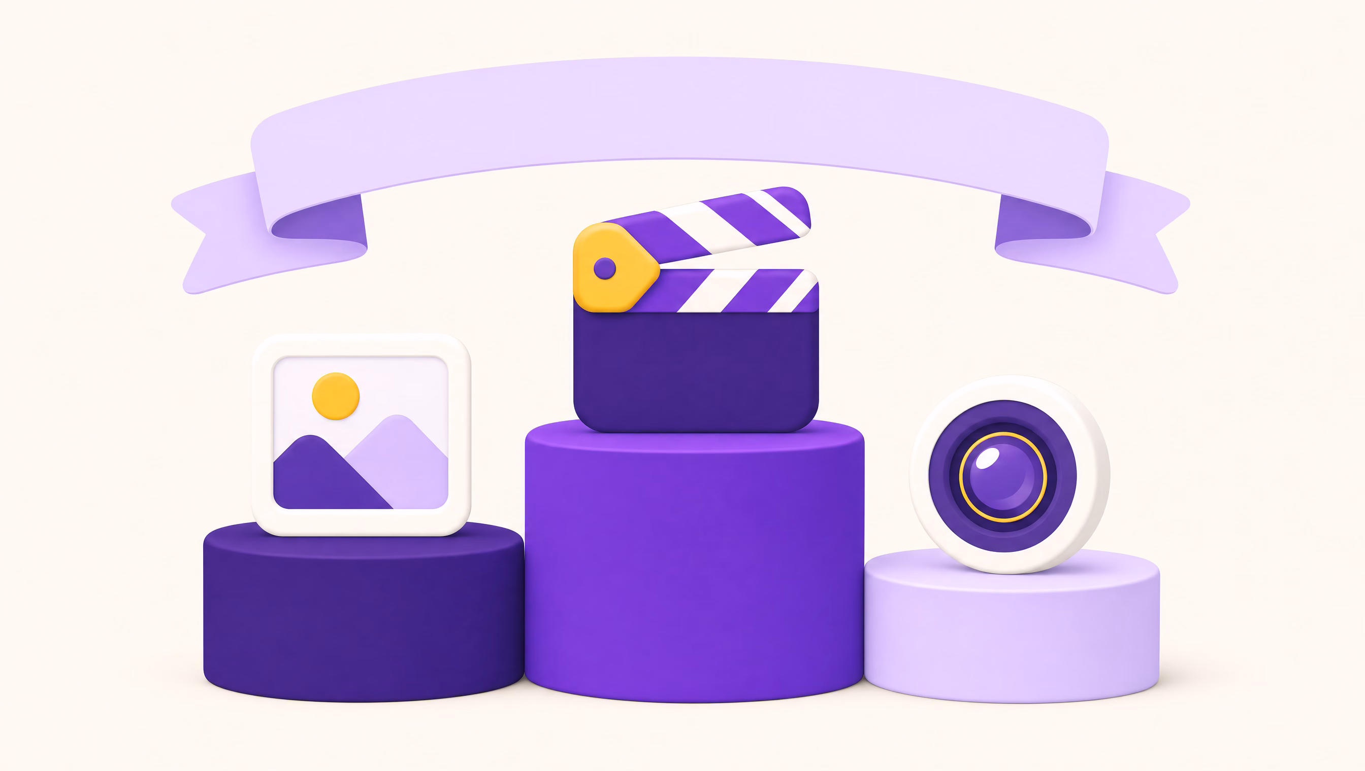 Flat vector illustration of three rounded podium pedestals holding a film clapper, a picture frame and a camera lens under a yellow ribbon banner