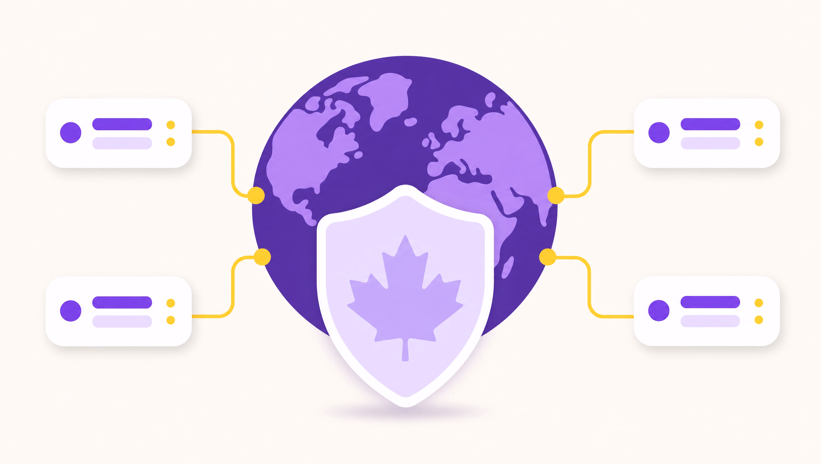 Flat vector illustration of a violet globe with a lilac maple leaf shield and yellow data lines connecting to small server cards