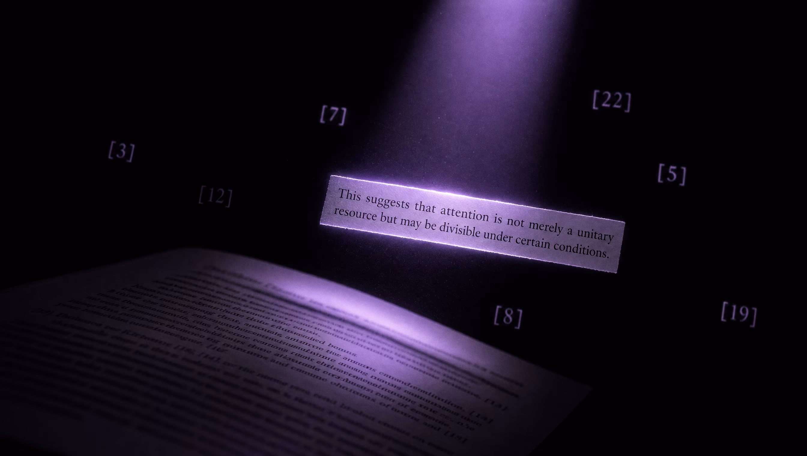 Editorial dark studio image of a single luminous text chunk lifted from a document by a focused violet light beam against deep black space, surrounded by floating citation bracket symbols, representing LLM chunk-level citation extraction