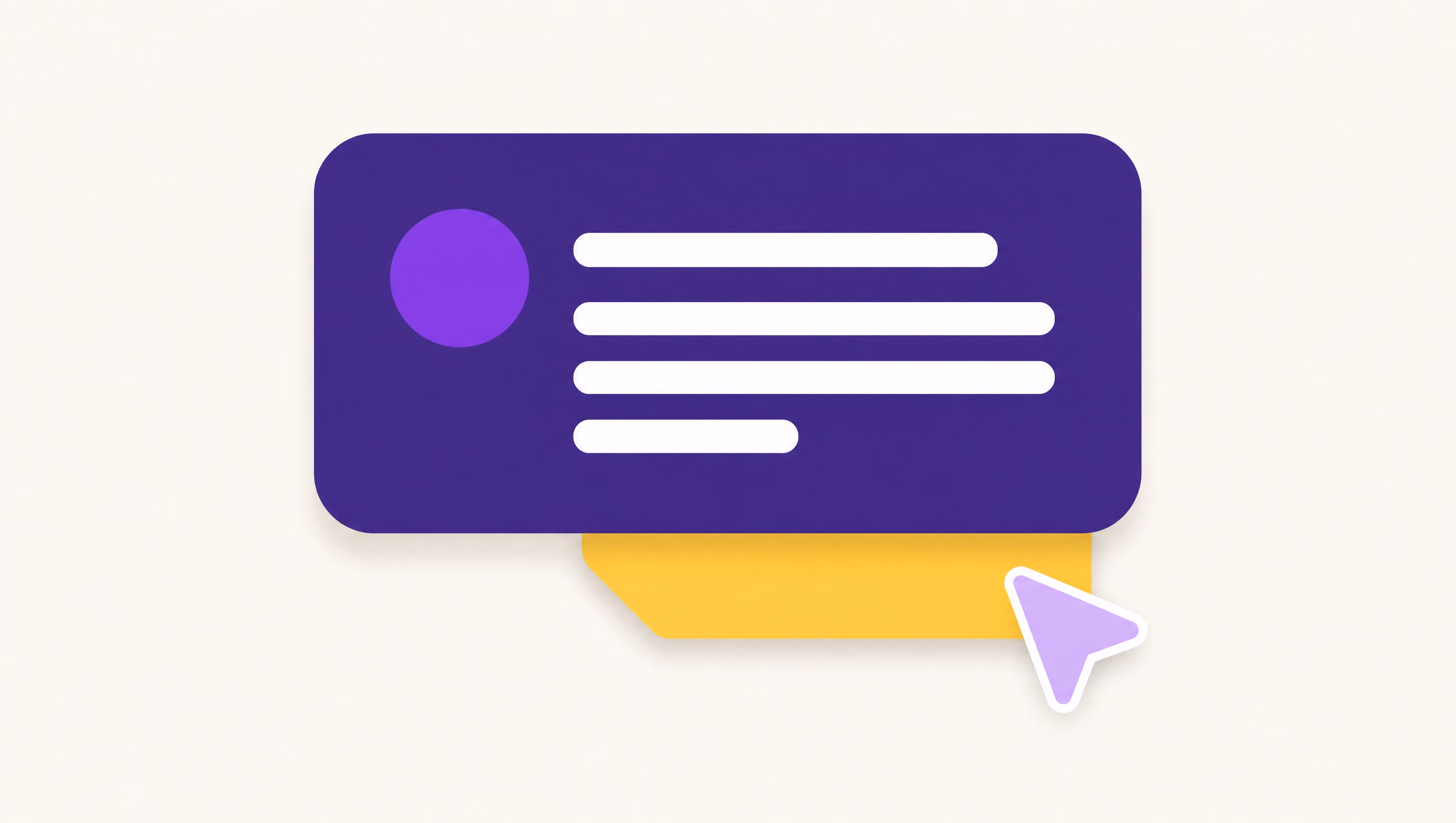 Flat vector illustration of a violet chat answer card with a small yellow sponsored tag card tucked beneath it and a lilac cursor pointing at it