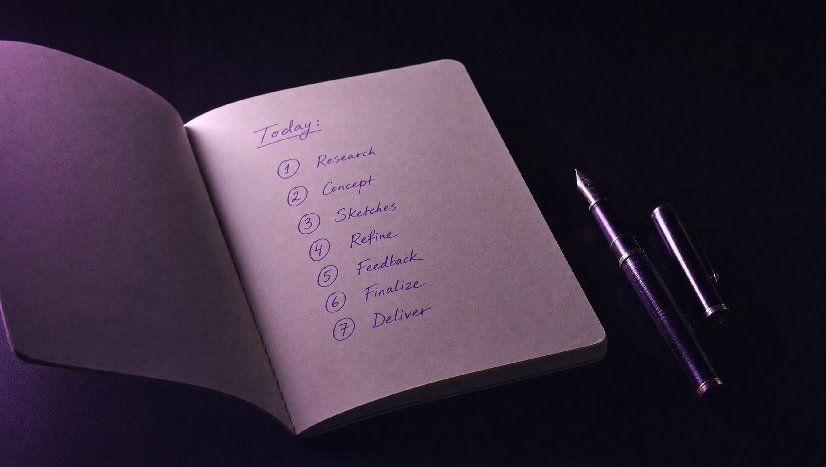 Editorial dark studio image of an open notebook on a matte black surface with a precise seven-item checklist hand-drawn in violet ink beside a vintage fountain pen, representing the AI Mode optimization workflow