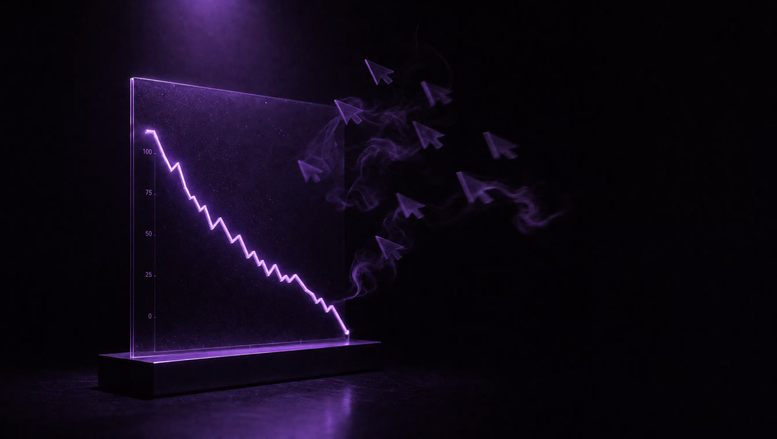 Editorial dark studio illustration of a descending violet line chart on black studio surface with abstract click cursors fading away, representing organic traffic decline from AI Mode