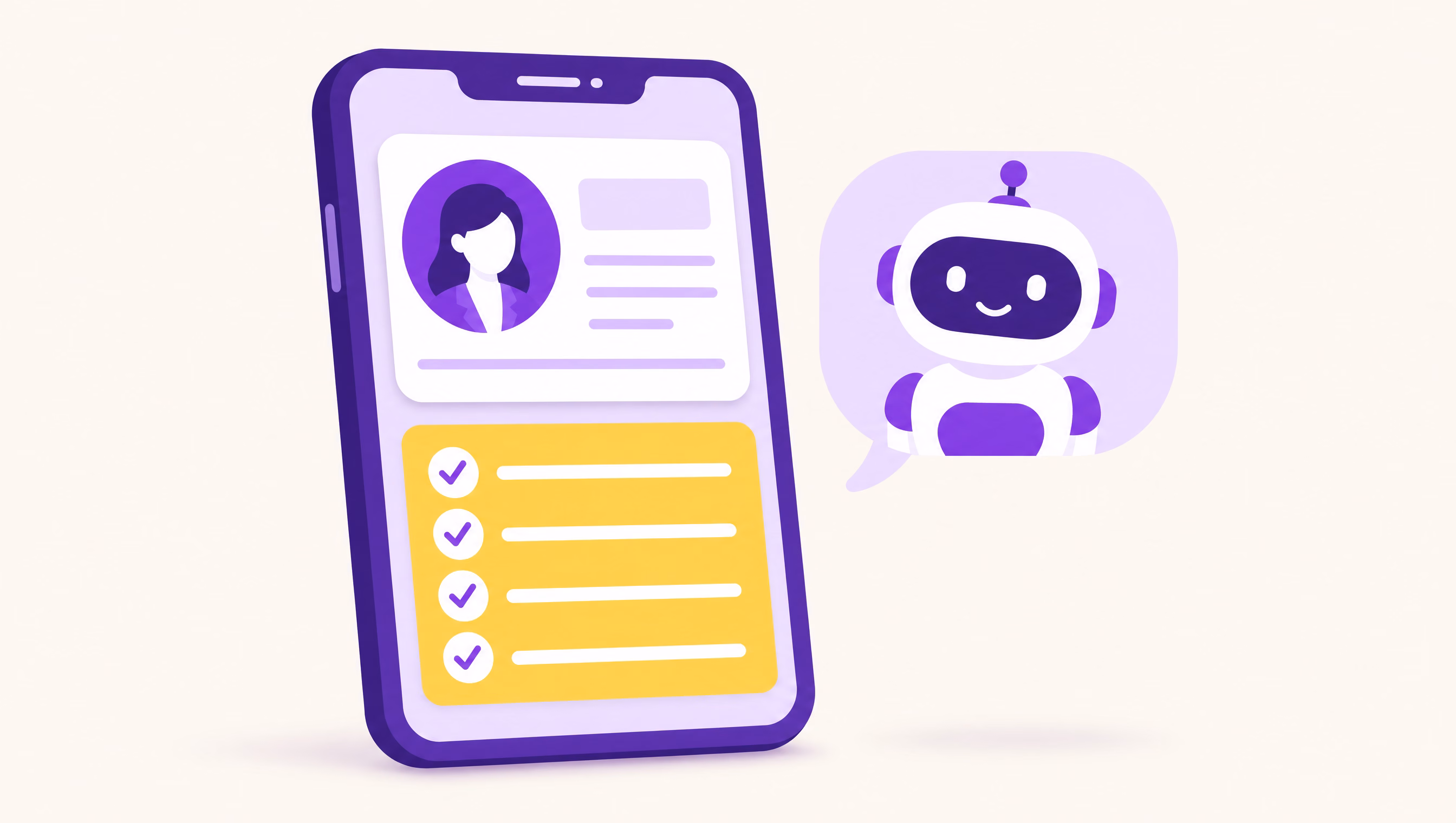 Flat vector illustration of a violet smartphone showing a business profile card with a yellow checklist and a small friendly robot speech bubble