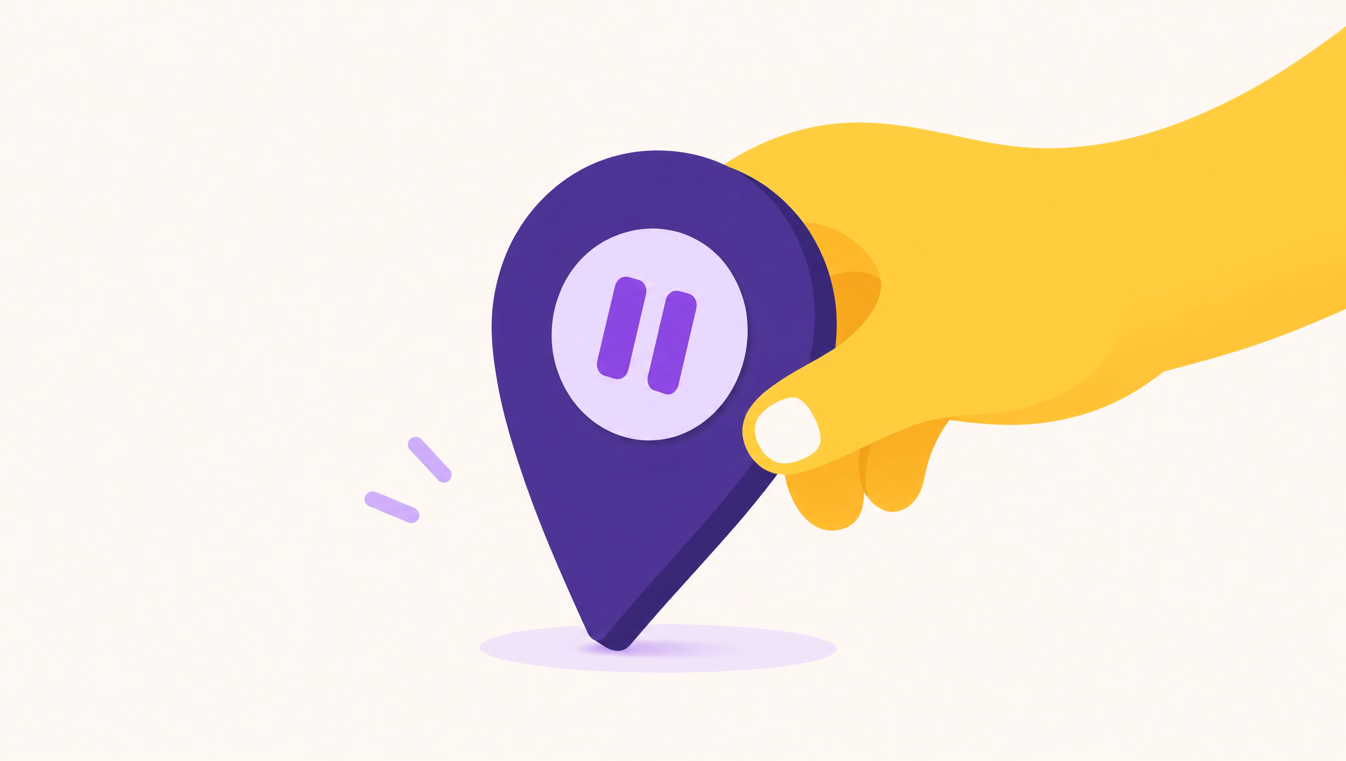 Flat vector illustration of a violet map pin with a lilac pause badge being lifted back up by a yellow helping hand