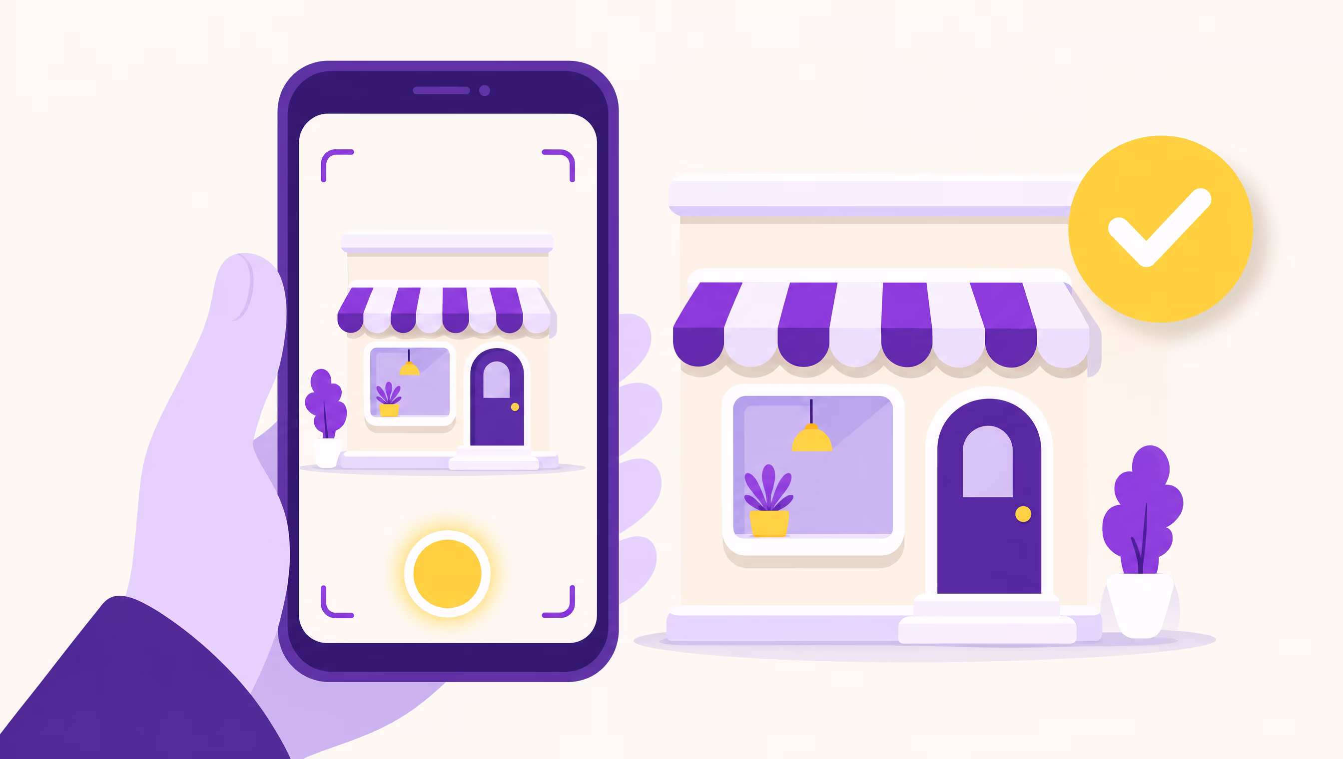 Flat vector illustration of a violet smartphone recording a small cream storefront with an awning, a yellow record dot on the screen and a yellow checkmark badge floating beside the shop