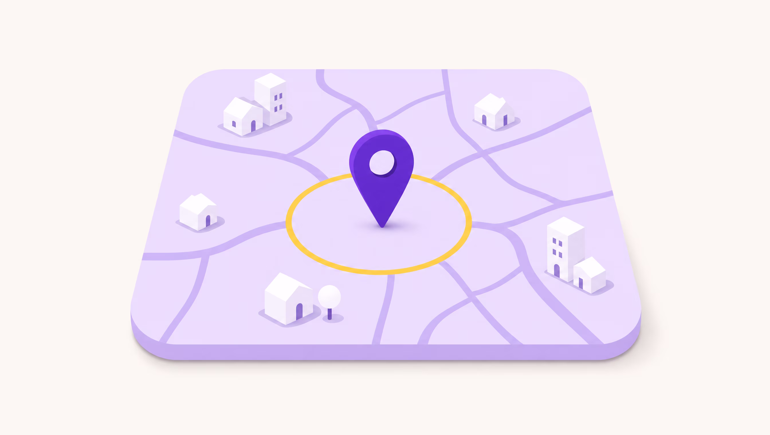 Flat vector illustration of a lilac map tile with violet roads and small white houses, a violet location pin at the centre inside a tight yellow radius ring