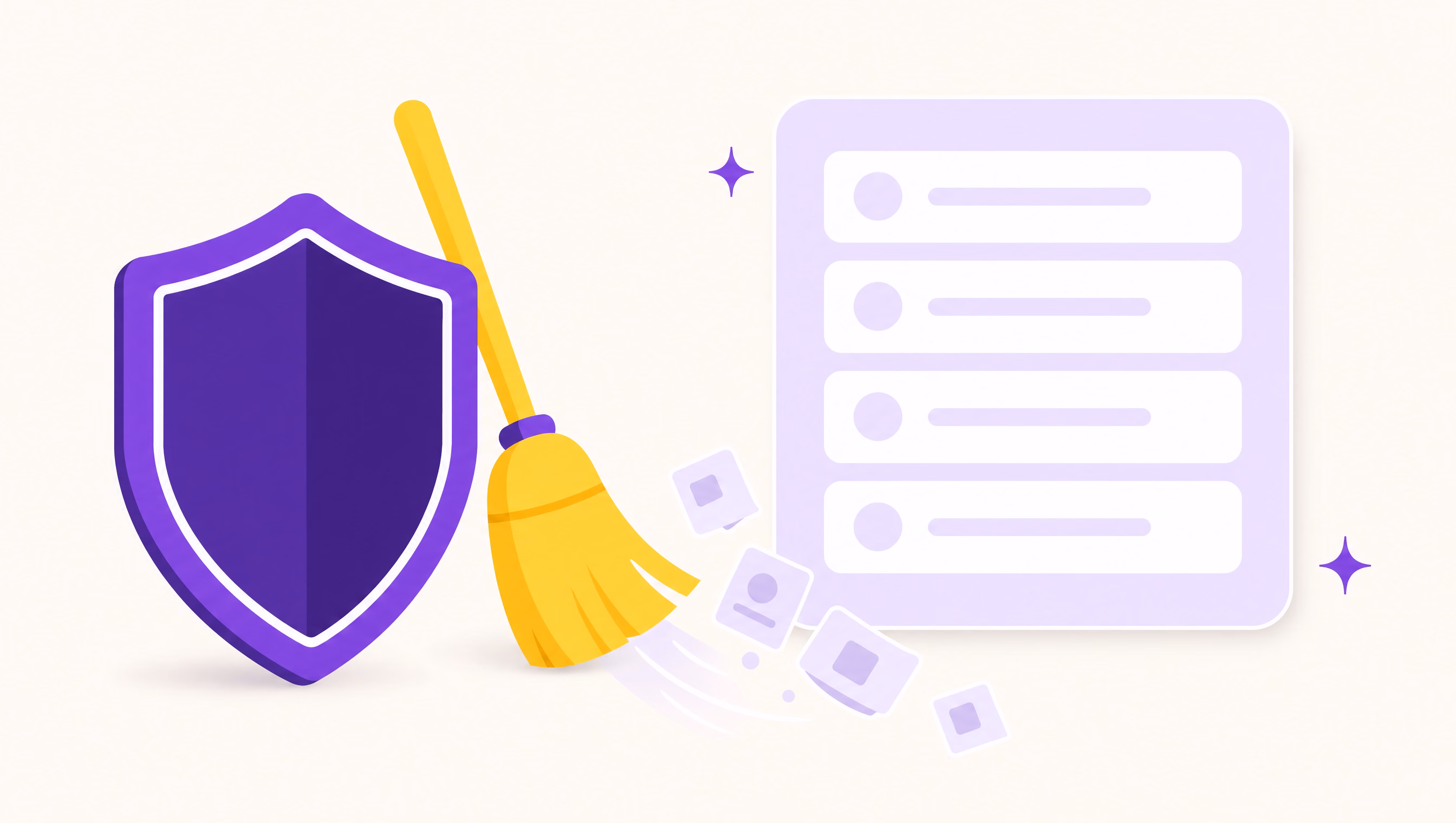 Flat vector illustration of a violet shield with a yellow broom sweeping small grey junk cards off a clean lilac search results page