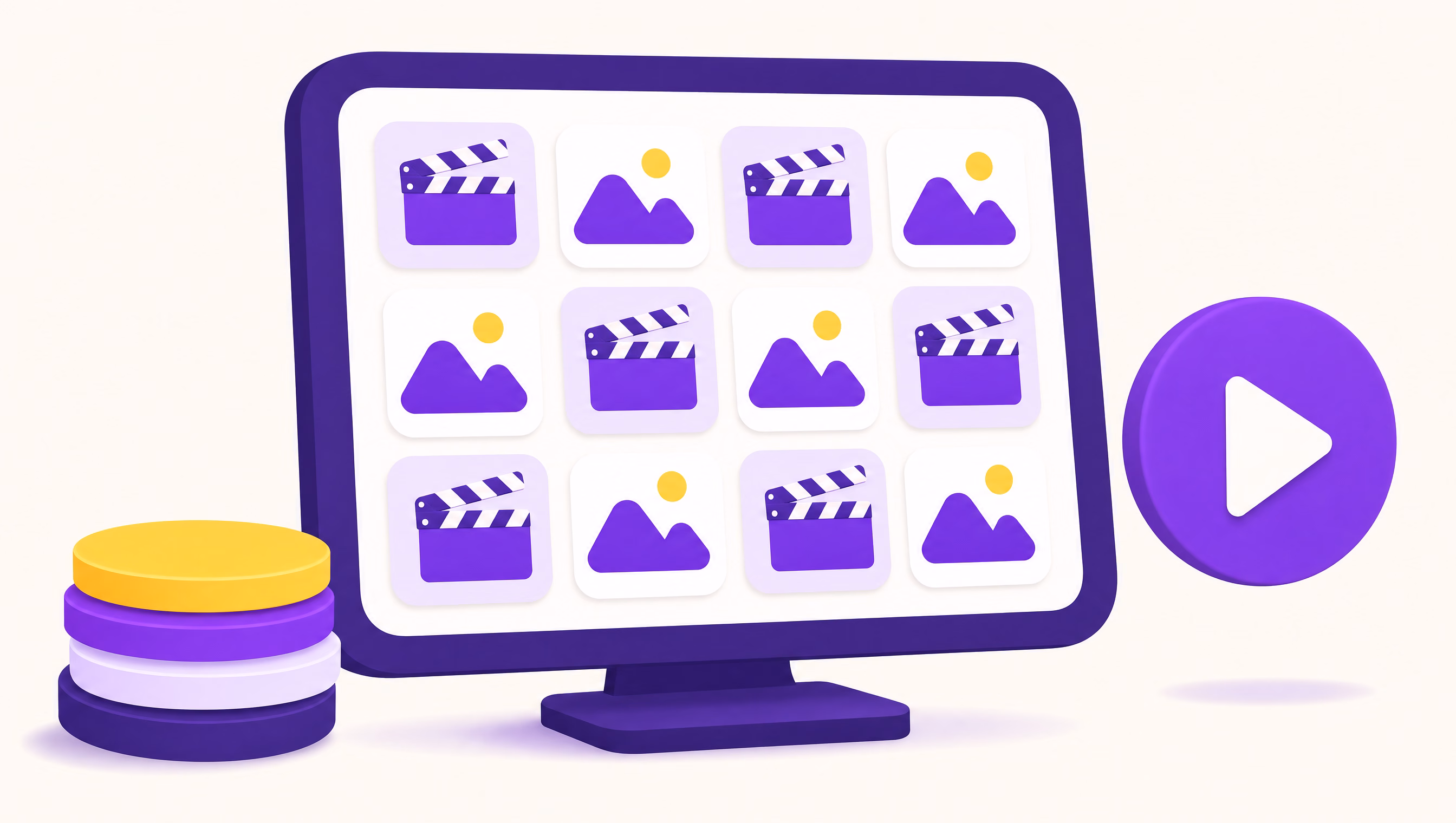 Flat vector illustration of a violet creative control desk with a screen full of video and image tiles beside a stack of yellow credit tokens