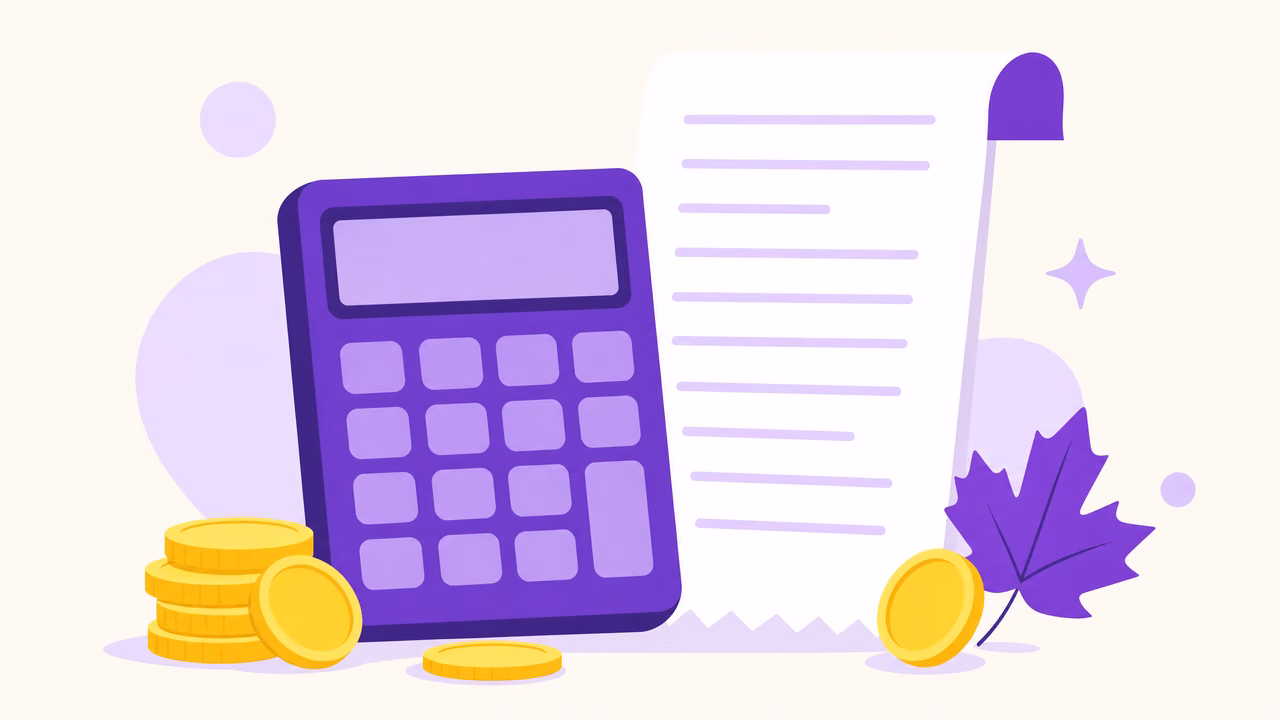 Flat vector illustration of a violet calculator and a paper receipt with yellow coins and a violet maple leaf on a cream background