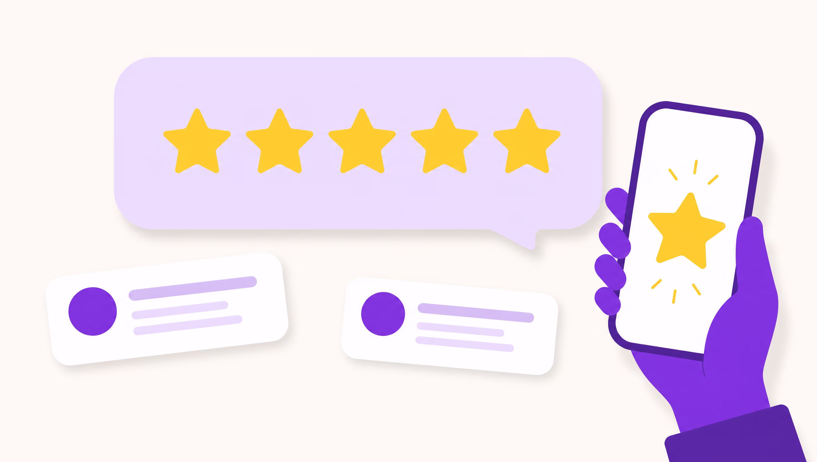 Flat vector illustration of a lilac speech bubble filled with five yellow stars beside a violet hand holding a phone displaying a single glowing star