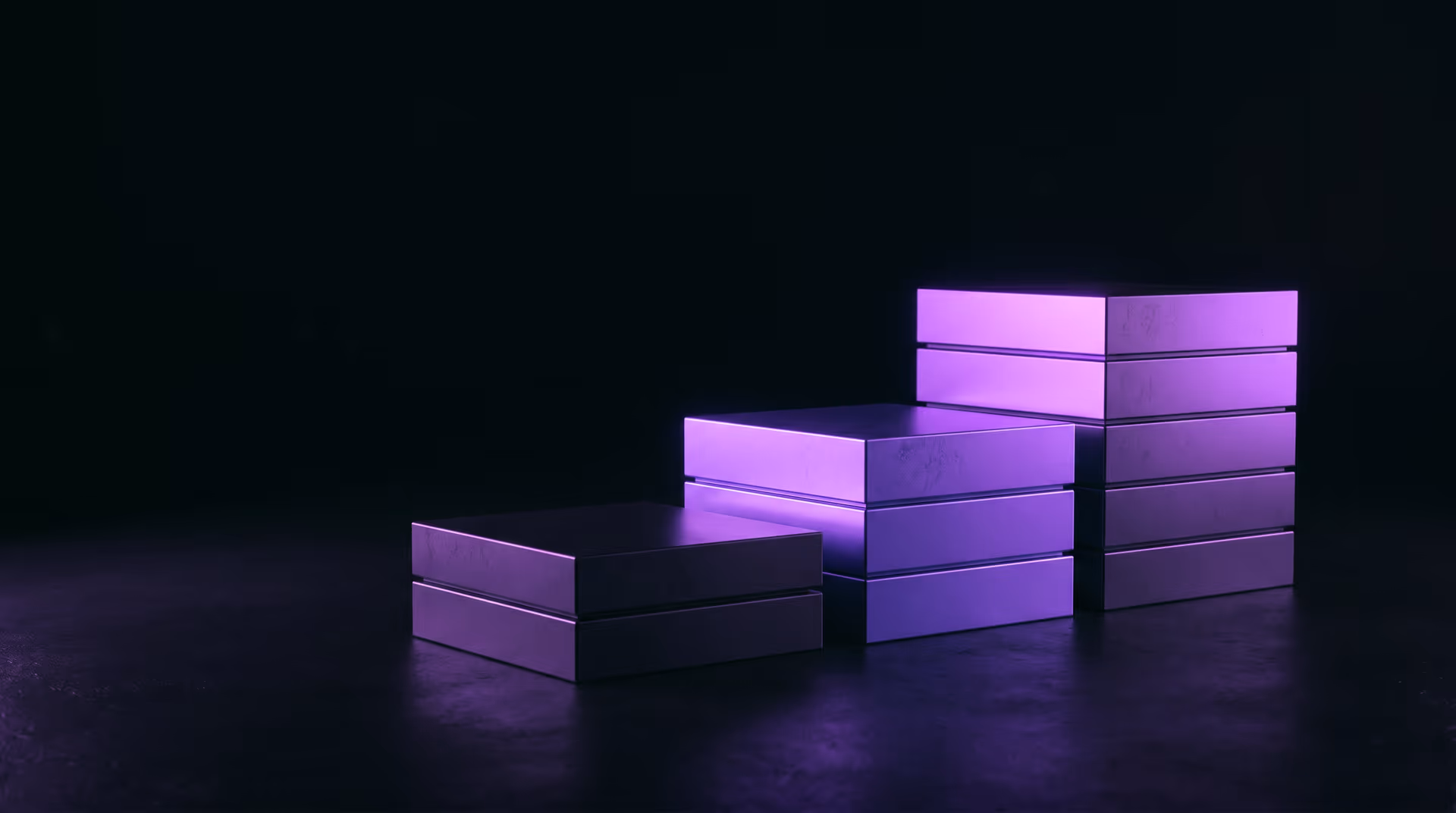 Editorial dark studio image of three stacked geometric platforms of increasing height, each taller tier glowing a brighter violet, an abstract pricing-tier staircase