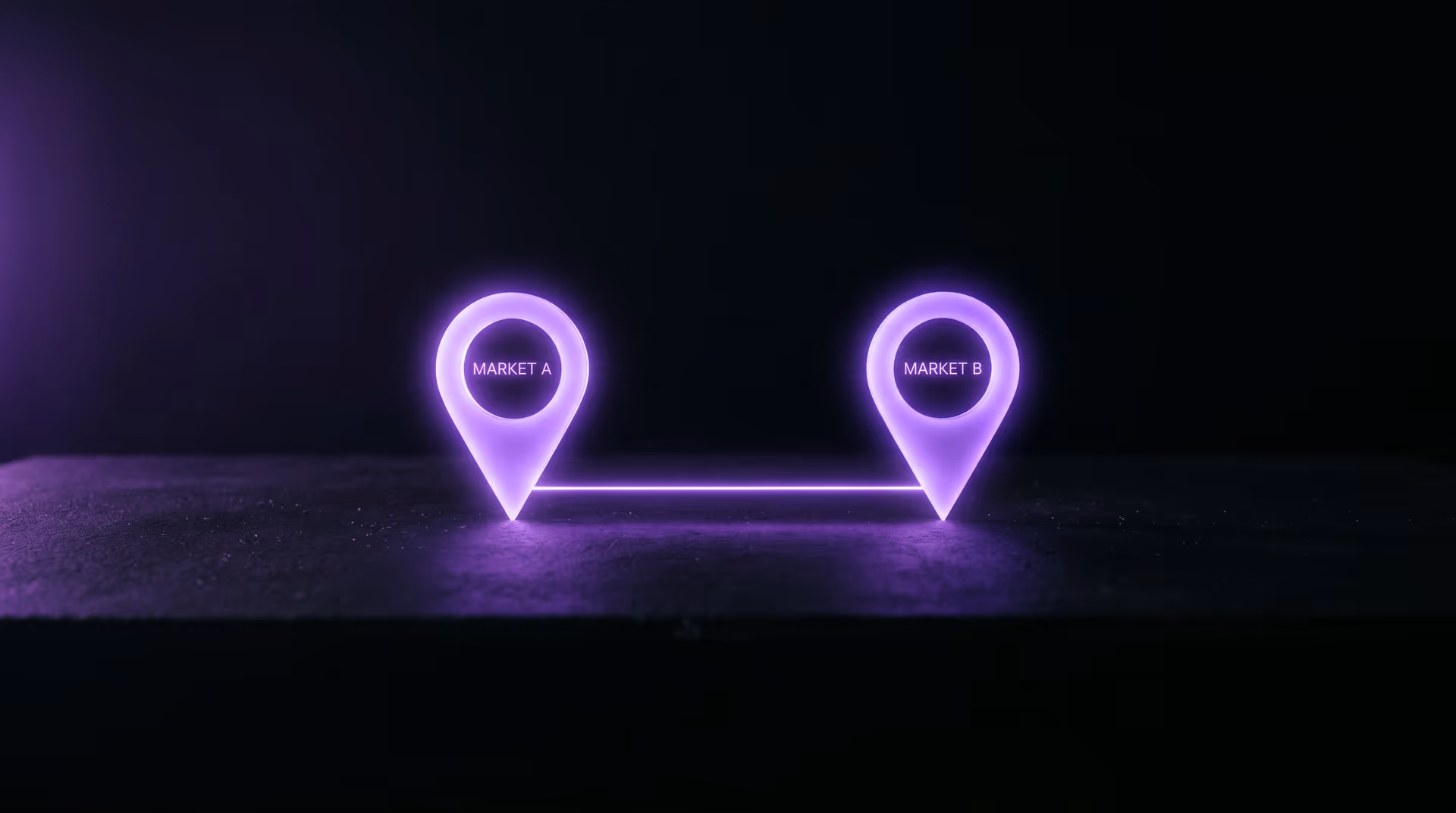 Editorial dark studio image of two glowing violet location pins connected by a single luminous thread, balanced like a scale between two markets