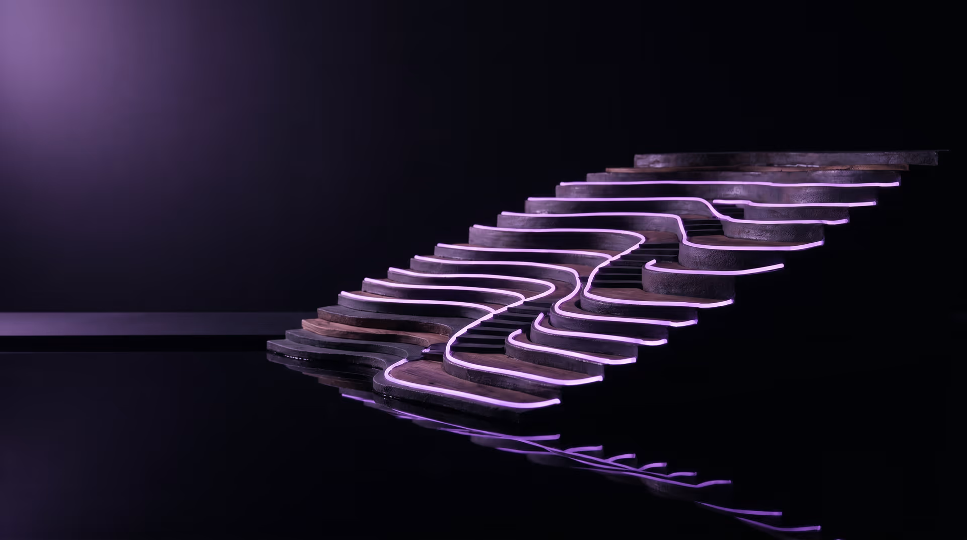 Editorial dark studio image of terraced vineyard escarpment steps descending toward black water, each terrace edge glowing softly violet, a lakeside wine bench at dusk