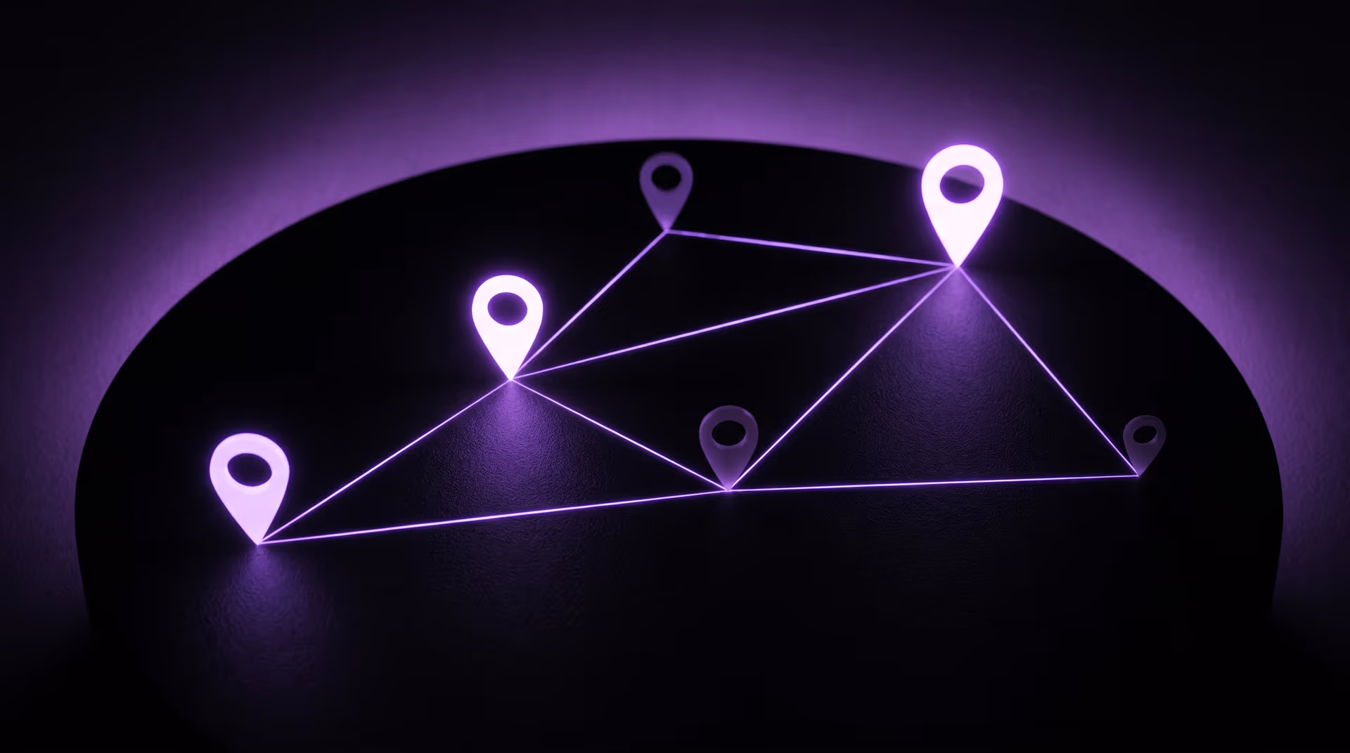 Editorial dark studio image of six glowing violet location pins of varying brightness connected by thin luminous lines, an abstract regional search network