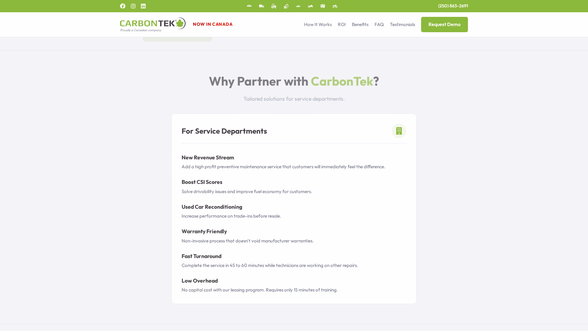 CarbonTek benefits section (desktop)