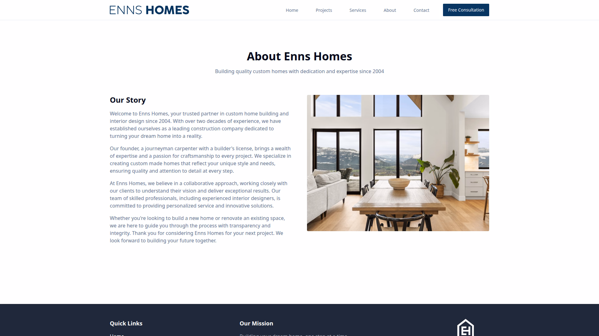 Enns Homes about page (desktop)