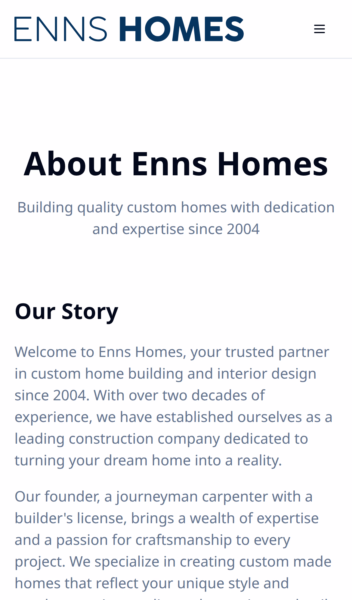 Enns Homes about page (mobile)