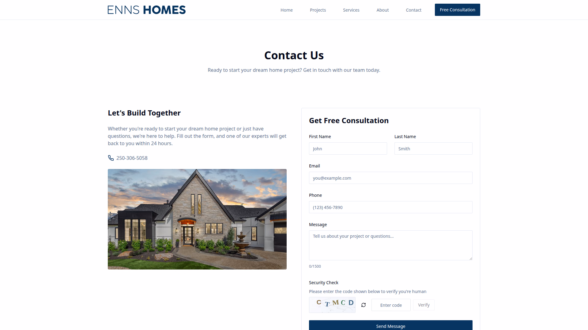 Enns Homes contact page (desktop)