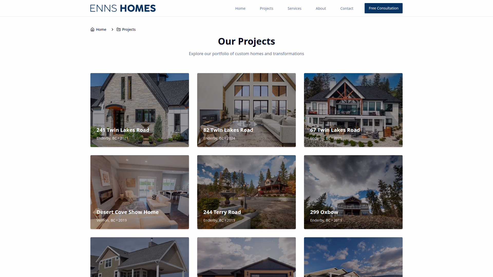 Enns Homes projects page (desktop)