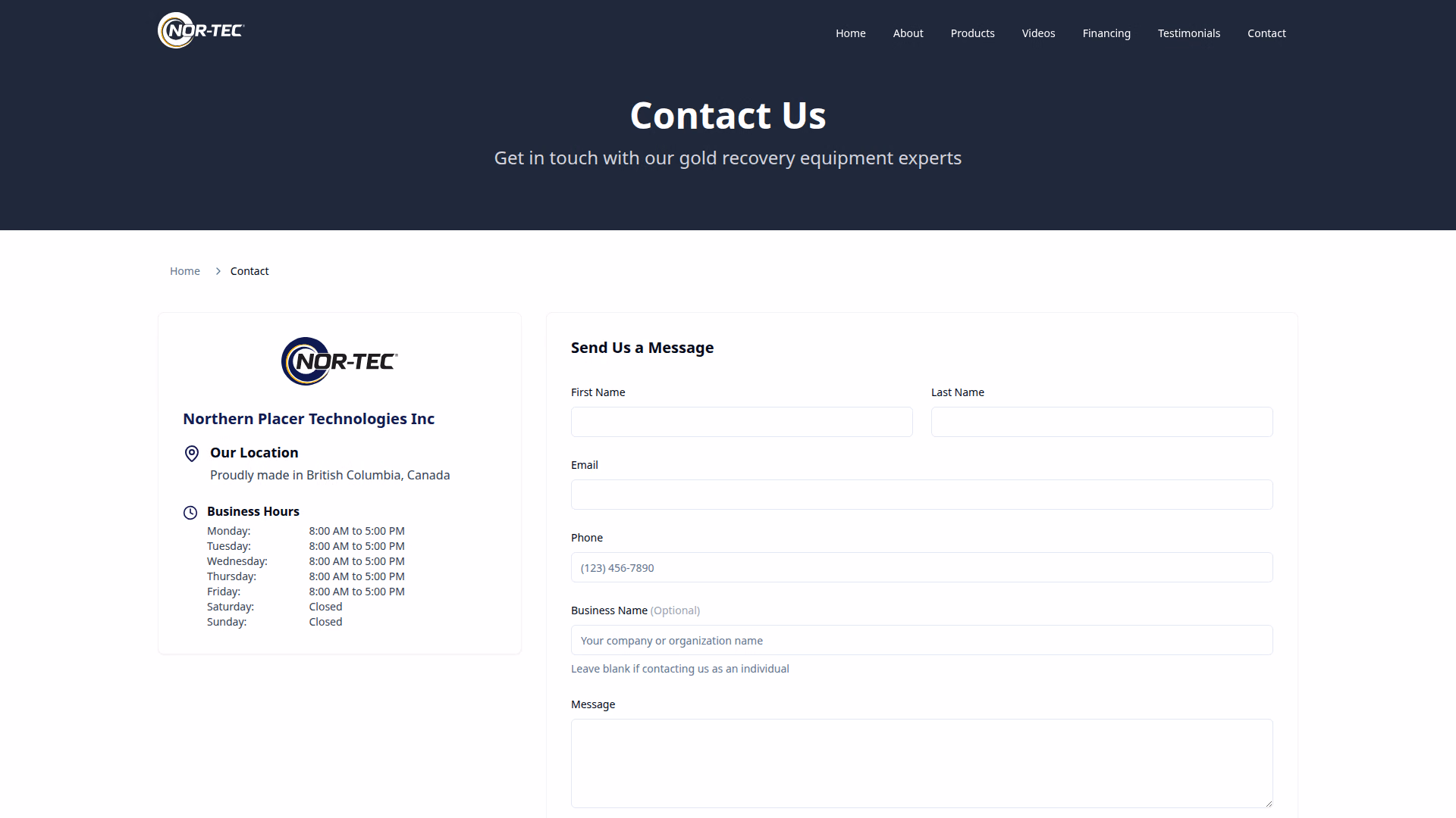 Nor-Tec® contact page (desktop)