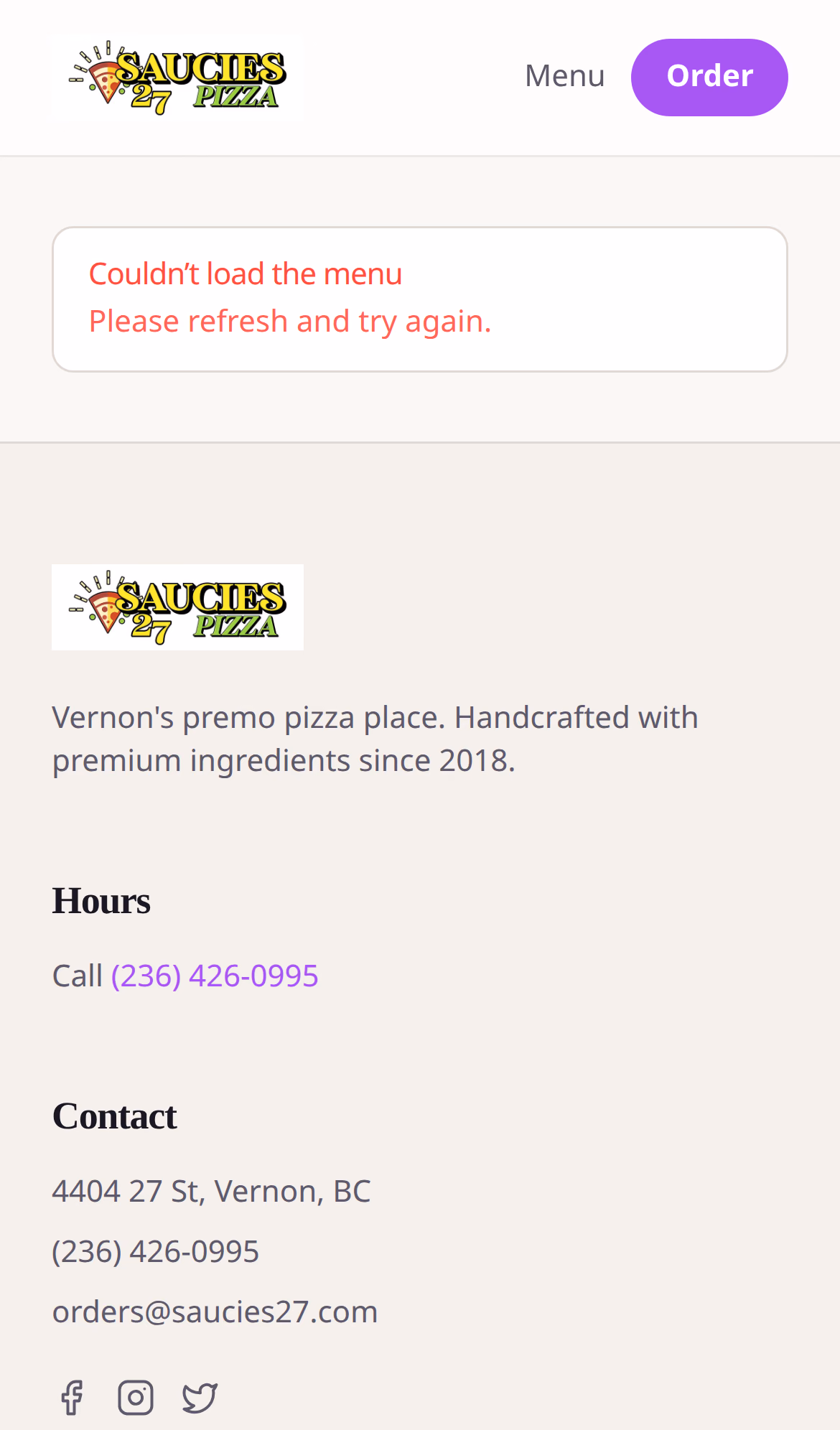 Saucies 27 menu page (mobile)