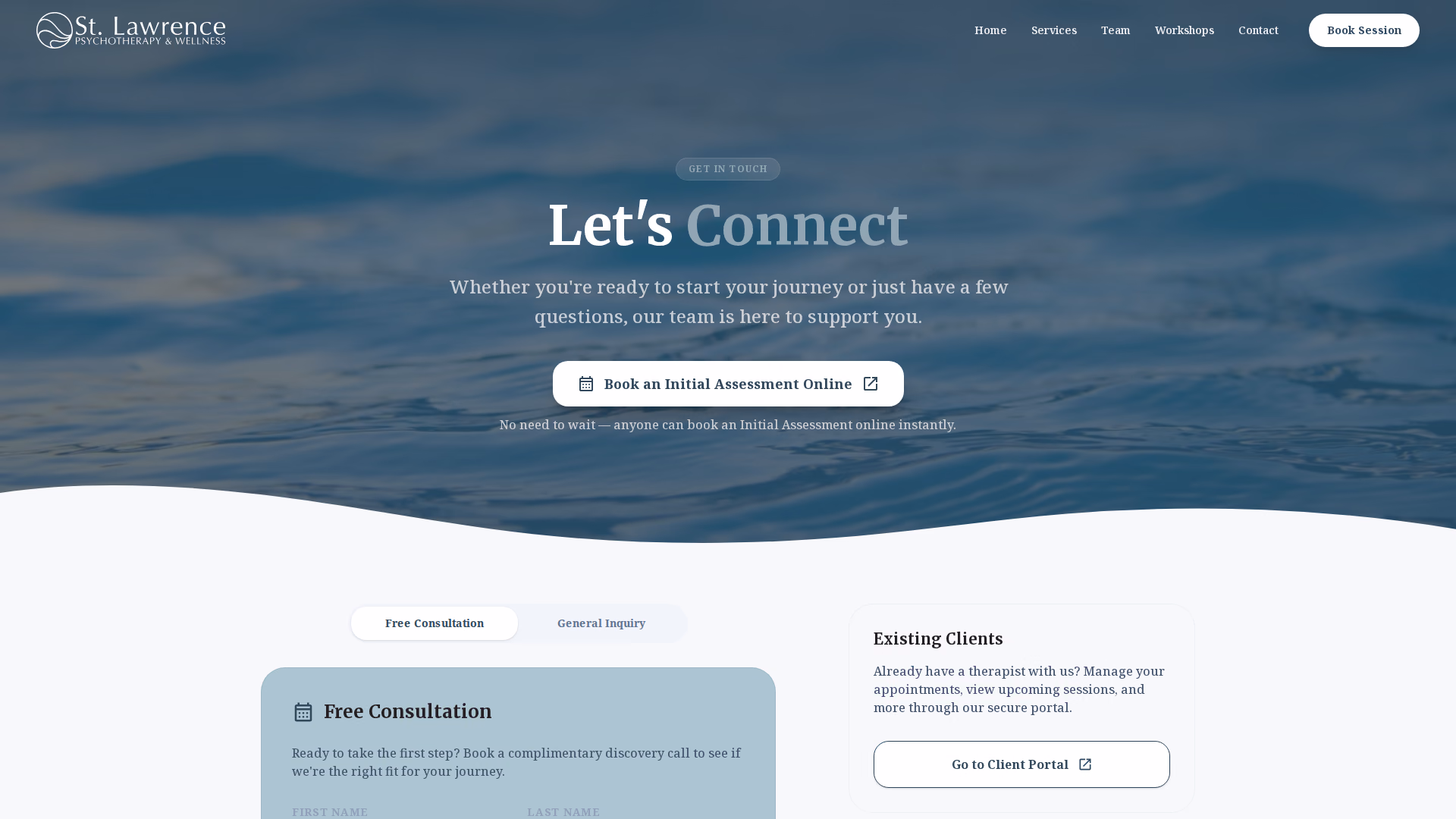 St. Lawrence Psychotherapy & Wellness contact page (desktop)