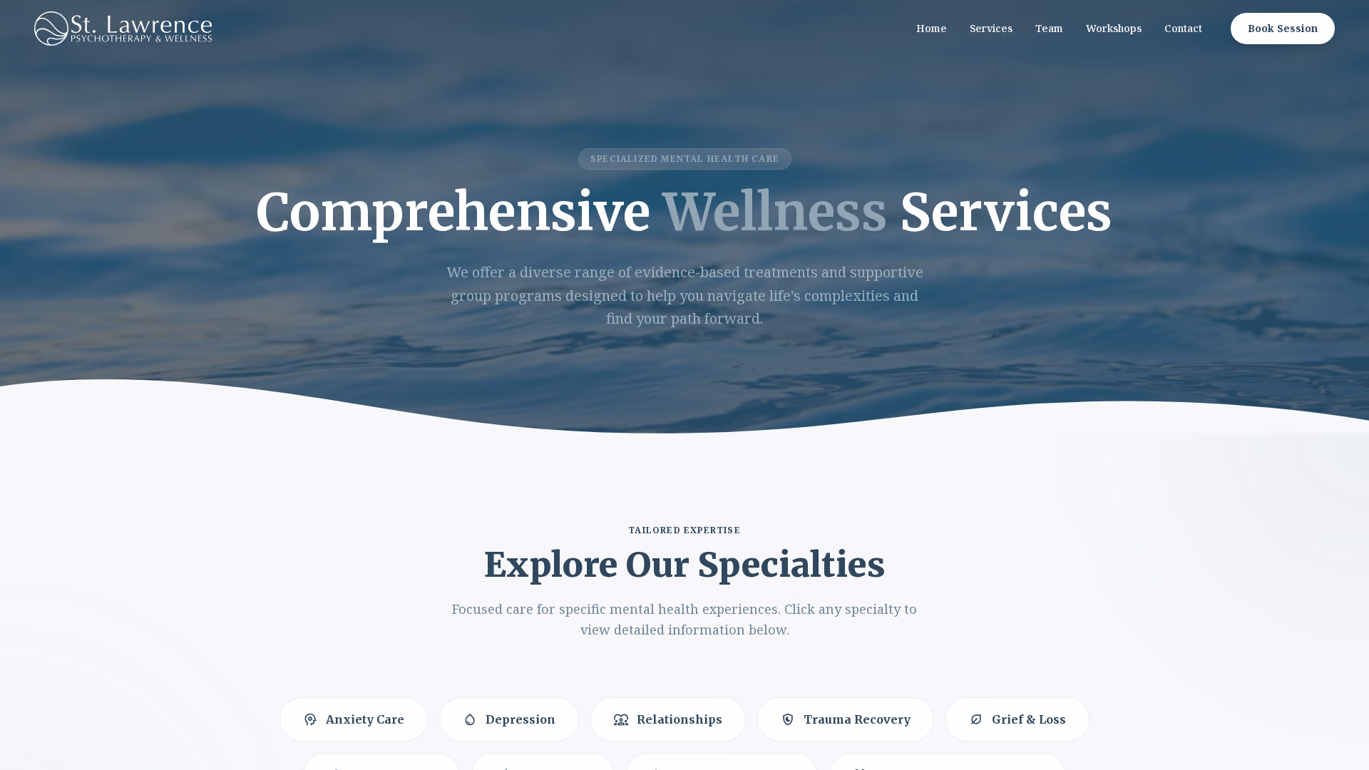 St. Lawrence Psychotherapy & Wellness services page (desktop)