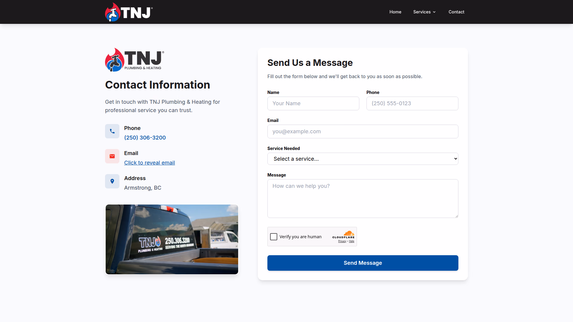 TNJ Plumbing & Heating contact page (desktop)