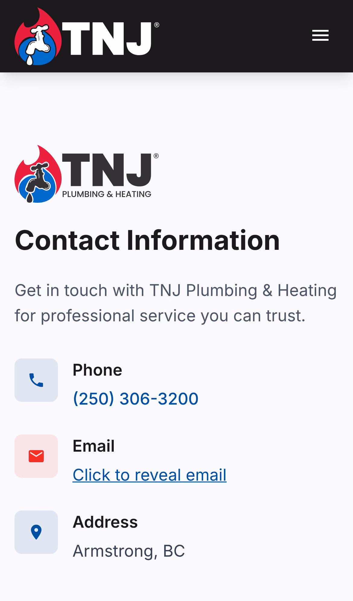 TNJ Plumbing & Heating contact page (mobile)