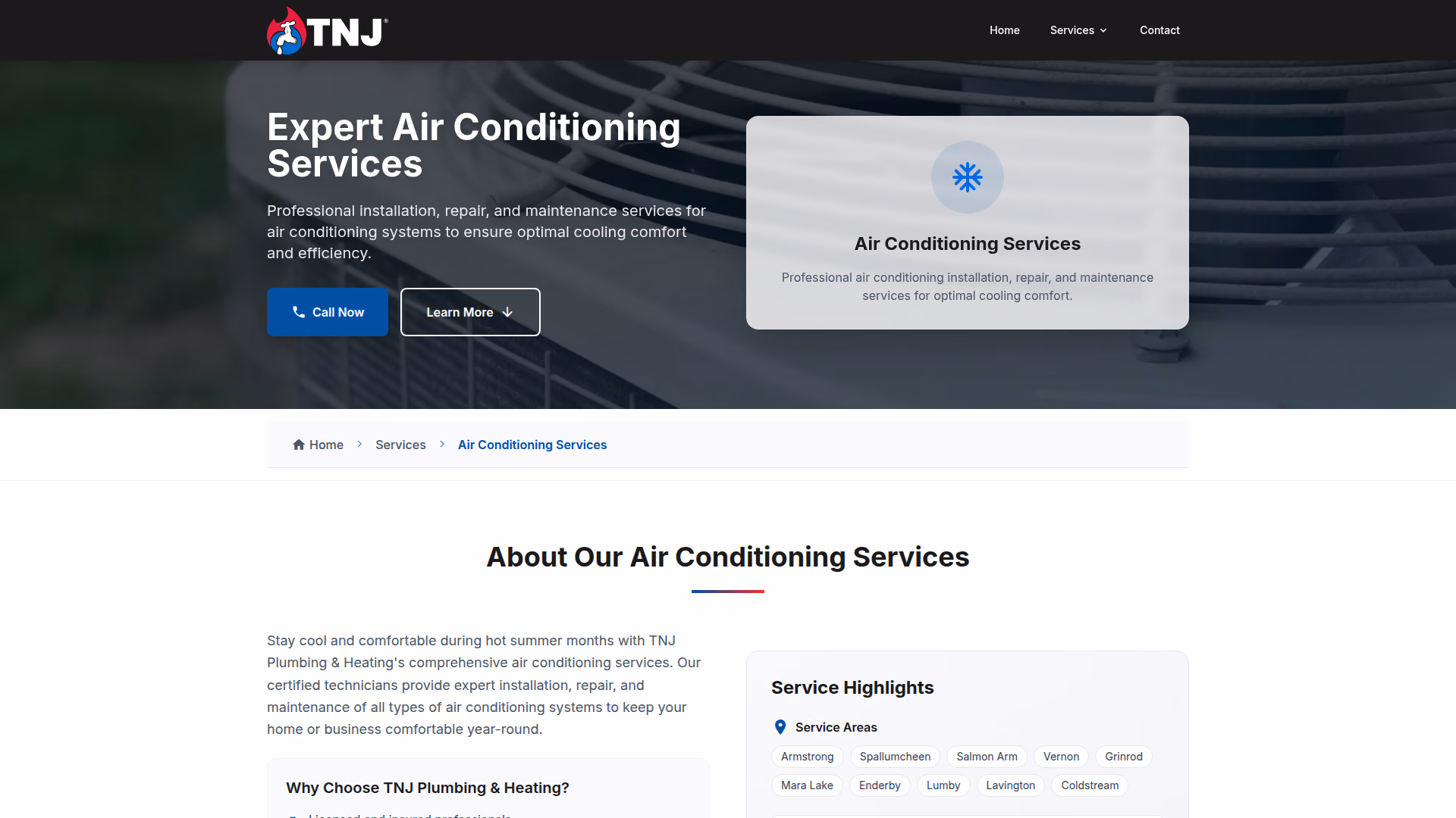 TNJ Plumbing & Heating services air conditioners page (desktop)