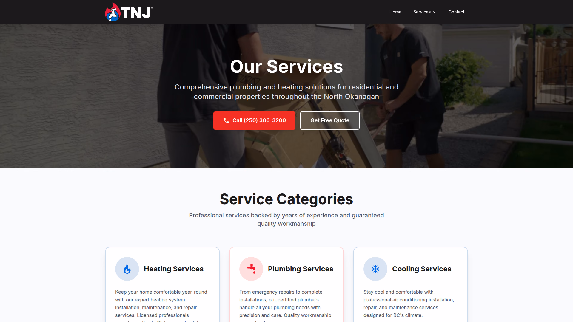 TNJ Plumbing & Heating services page (desktop)