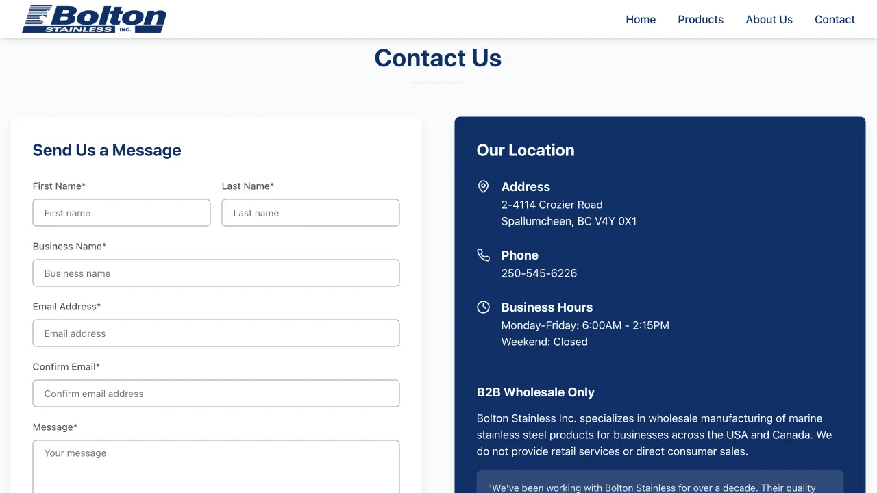 Bolton Stainless - Bolton Stainless Website Screenshot 3 - Professional Web Design Portfolio by TheBomb® Digital Marketing in Toronto, Vancouver, Calgary, Ottawa, Montreal, Kelowna, Canada