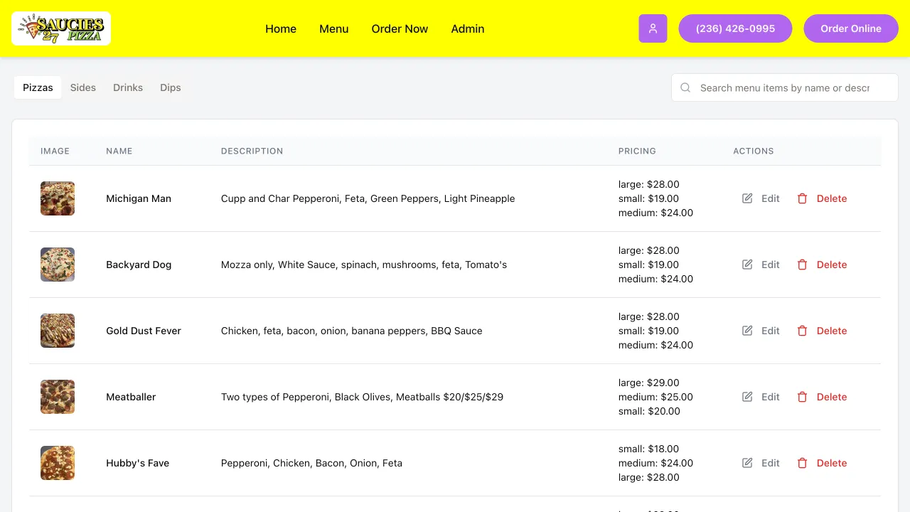 Online Pizza Ordering Platform - Saucies27 Pizza Website Screenshot 1 - Professional Web Design Portfolio by TheBomb® Digital Marketing in Toronto, Vancouver, Calgary, Ottawa, Montreal, Kelowna, Canada