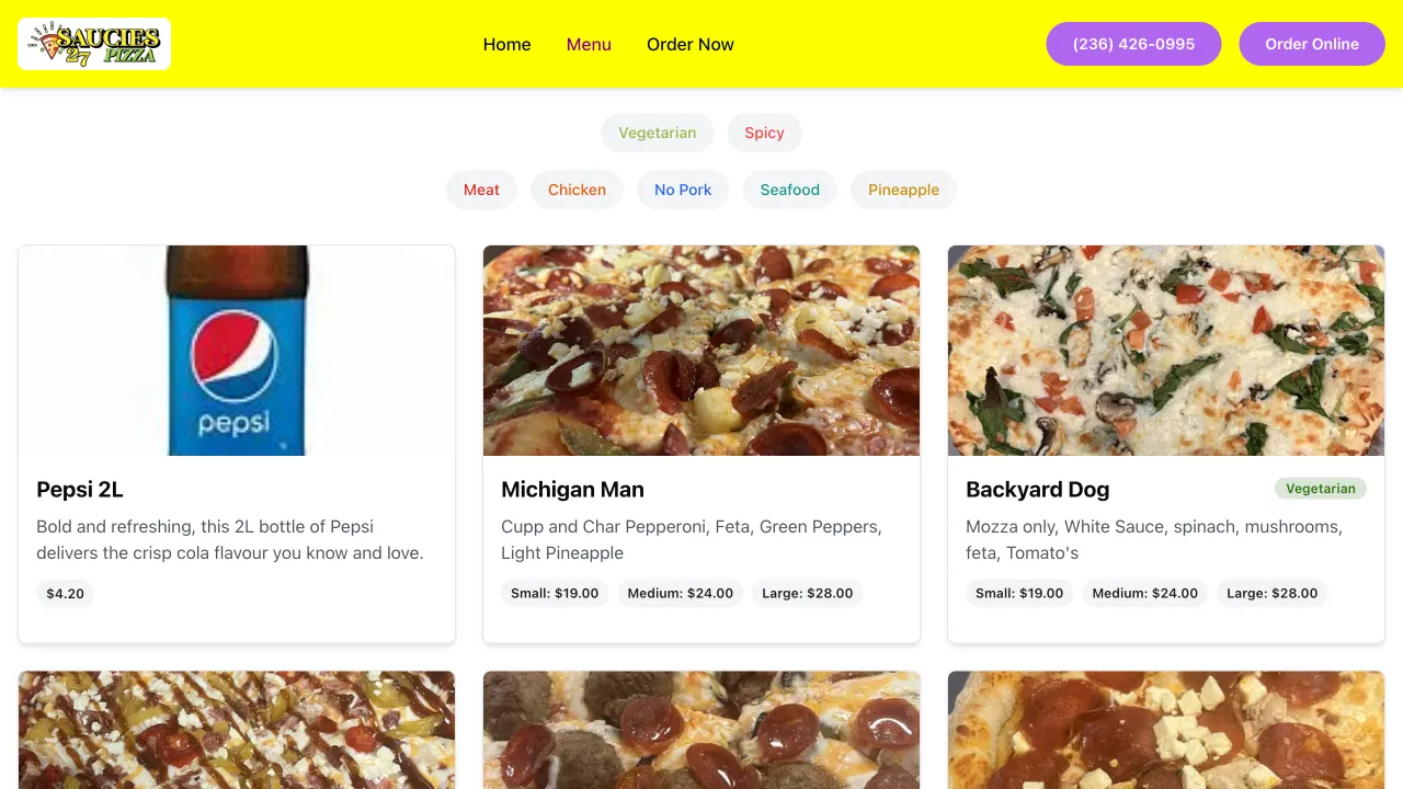Online Pizza Ordering Platform - Saucies27 Pizza Website Screenshot 2 - Professional Web Design Portfolio by TheBomb® Digital Marketing in Toronto, Vancouver, Calgary, Ottawa, Montreal, Kelowna, Canada