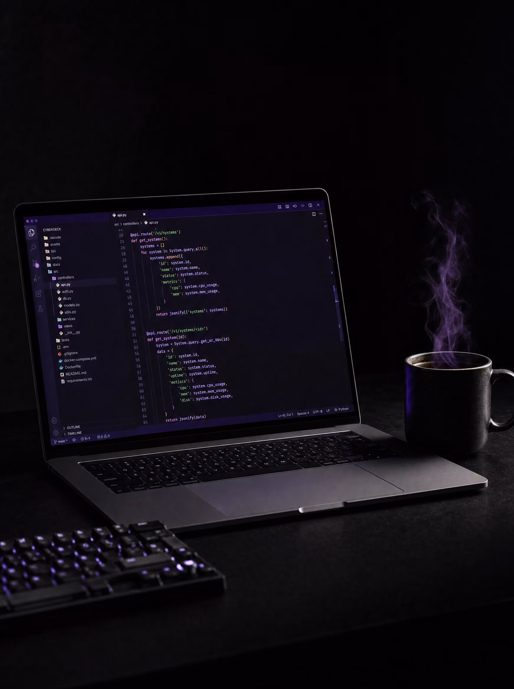 Laptop showing code editor with violet syntax highlighting