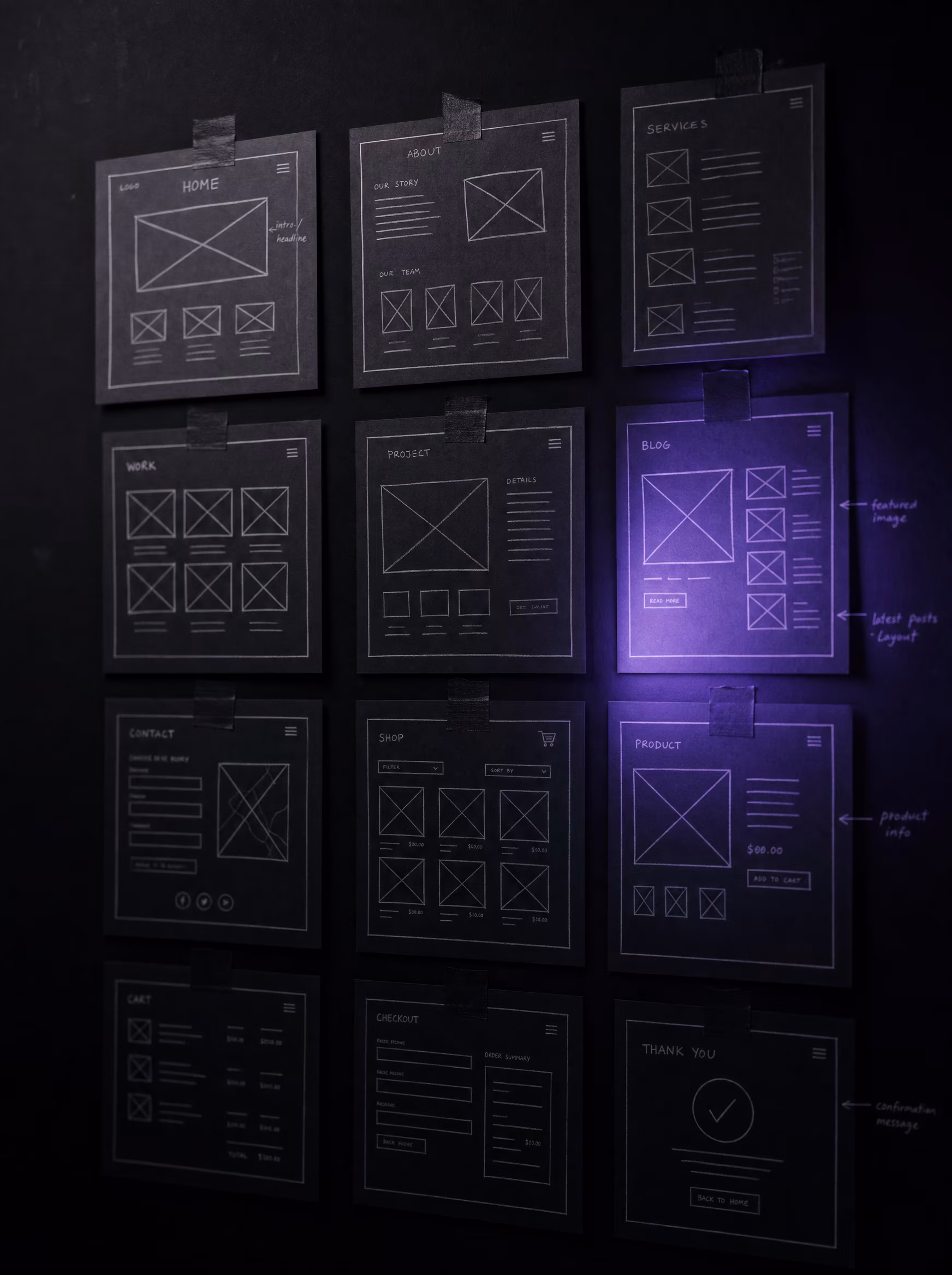 Wireframe sketches taped to a black wall under violet rim light
