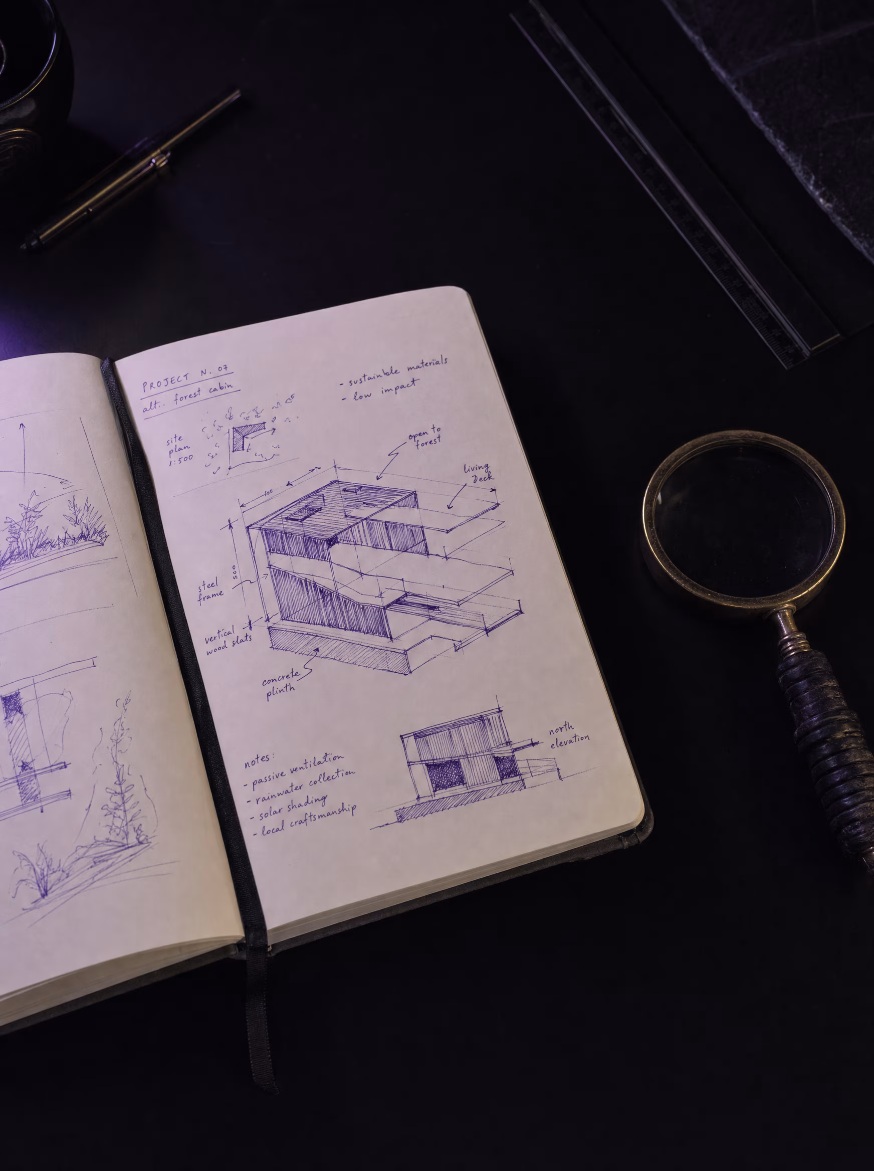 Open sketchbook with strategy notes under purple studio lighting
