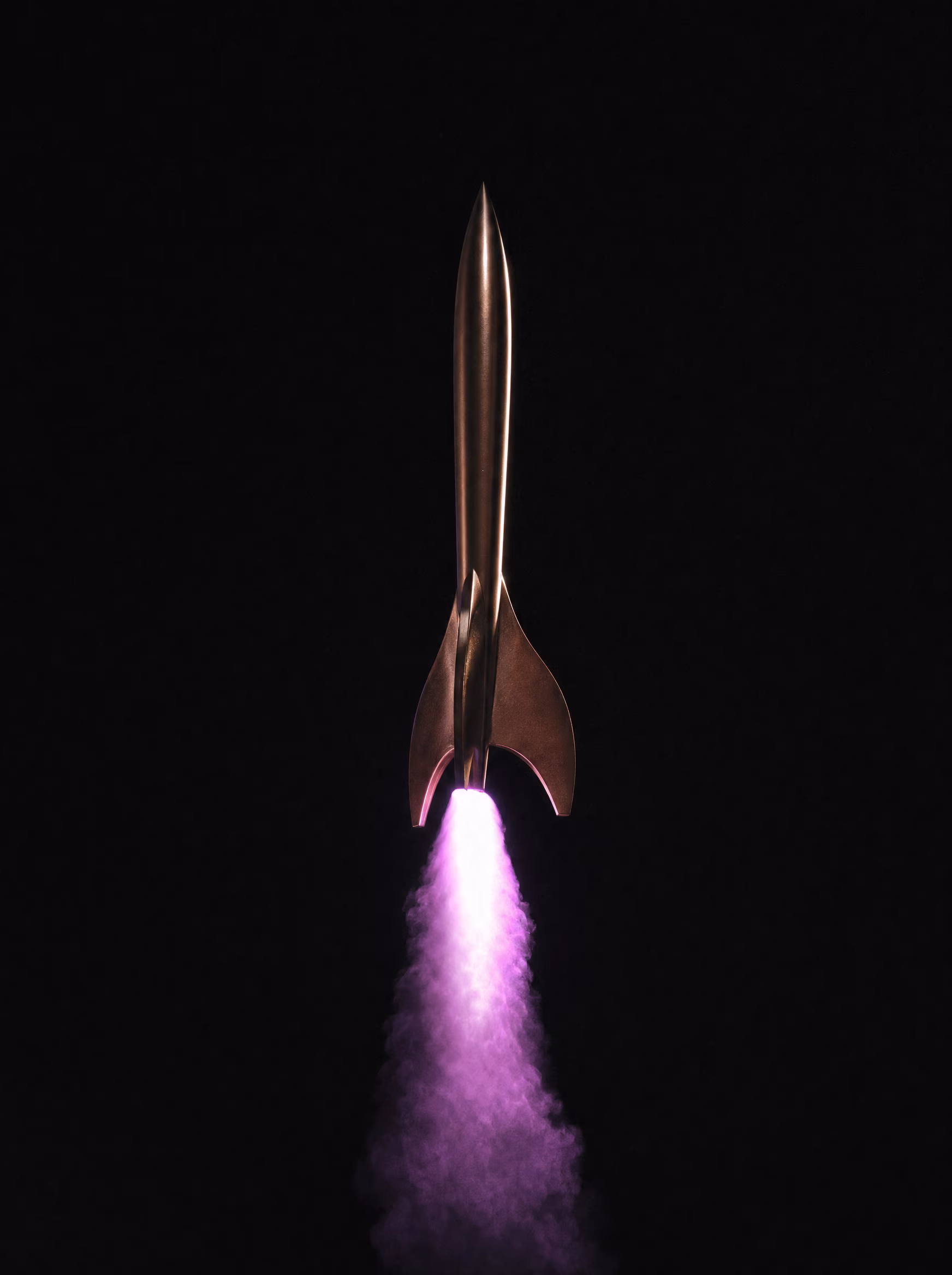 Minimal rocket sculpture ascending through black space with violet exhaust trail