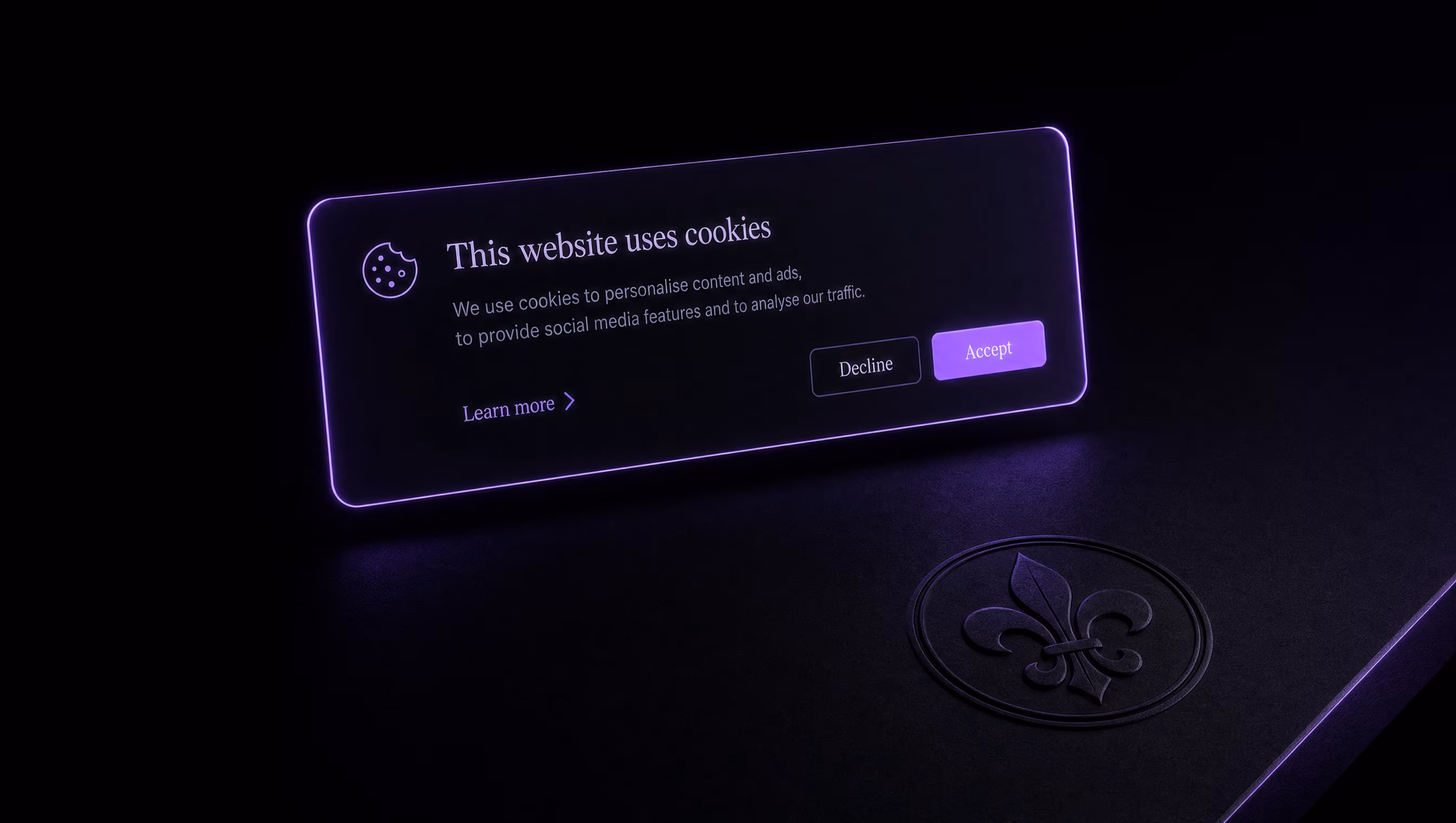 Editorial dark studio image of a minimalist violet glowing cookie consent banner floating above a matte black surface with a single fleur-de-lis seal etched in the lower corner, representing Quebec Law 25 compliant consent UI