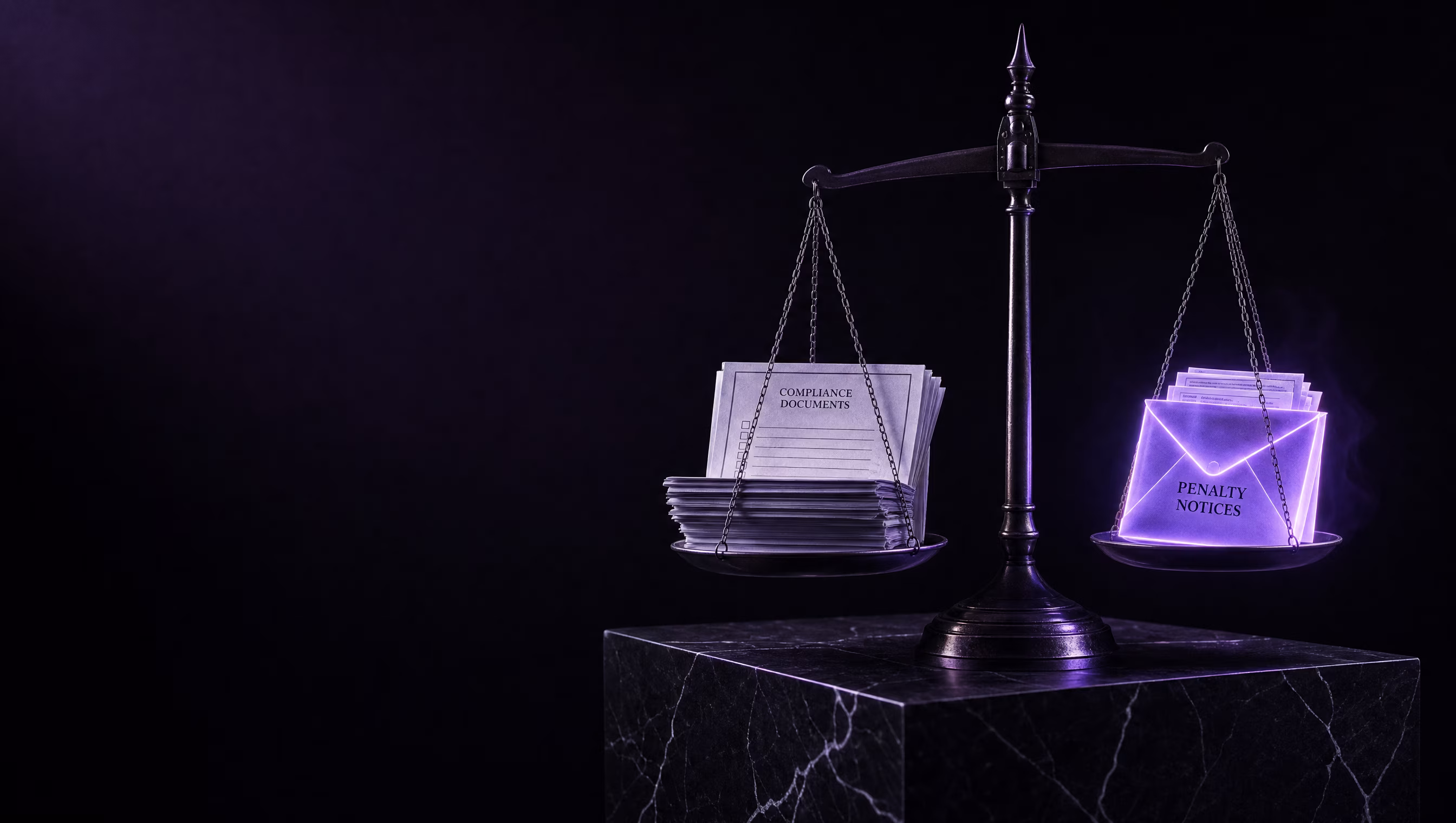 Editorial dark studio image of a precision balance scale on a black marble pedestal weighing a stack of compliance documents on one side and a violet glowing envelope of penalty notices on the other, representing CAI enforcement and Law 25 penalty exposure