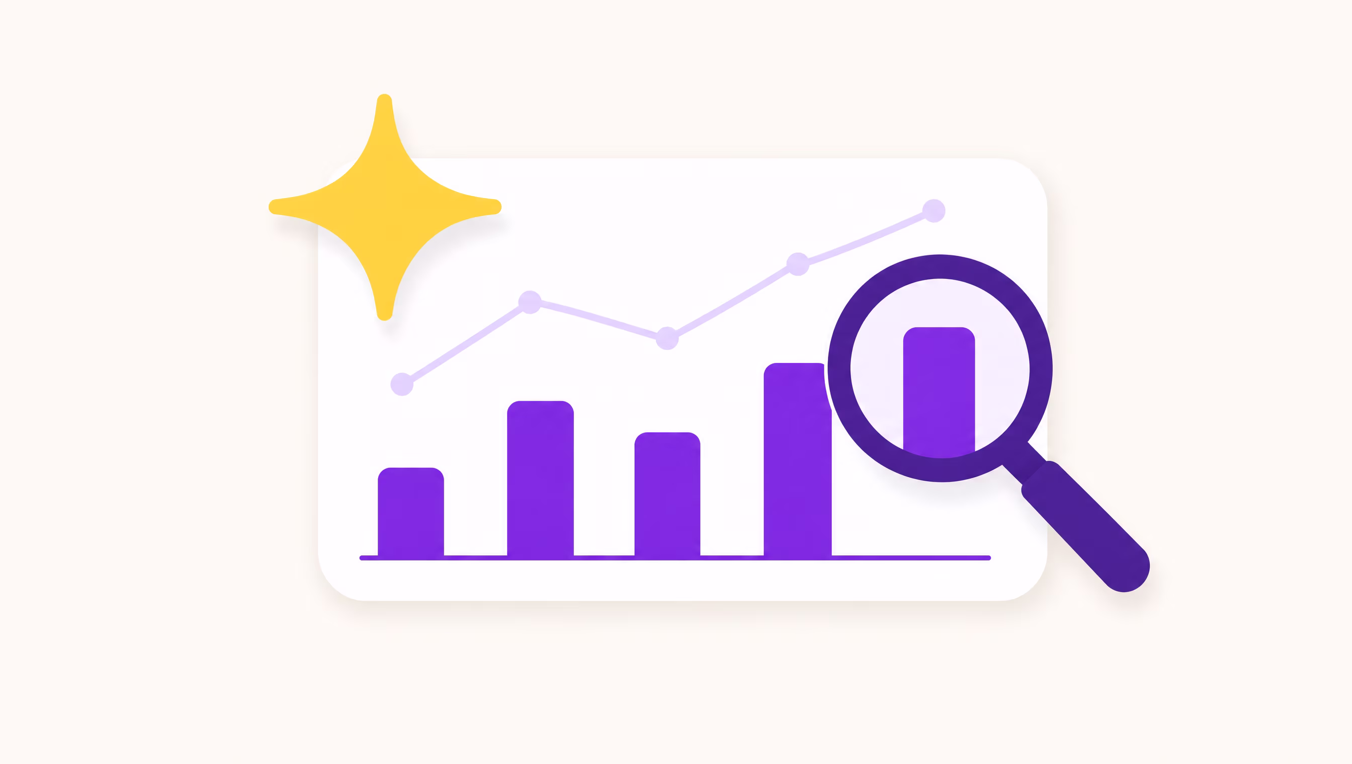 Flat vector illustration of a white analytics dashboard panel with violet bar charts, a yellow sparkle star hovering above it and a violet magnifying glass inspecting one bar