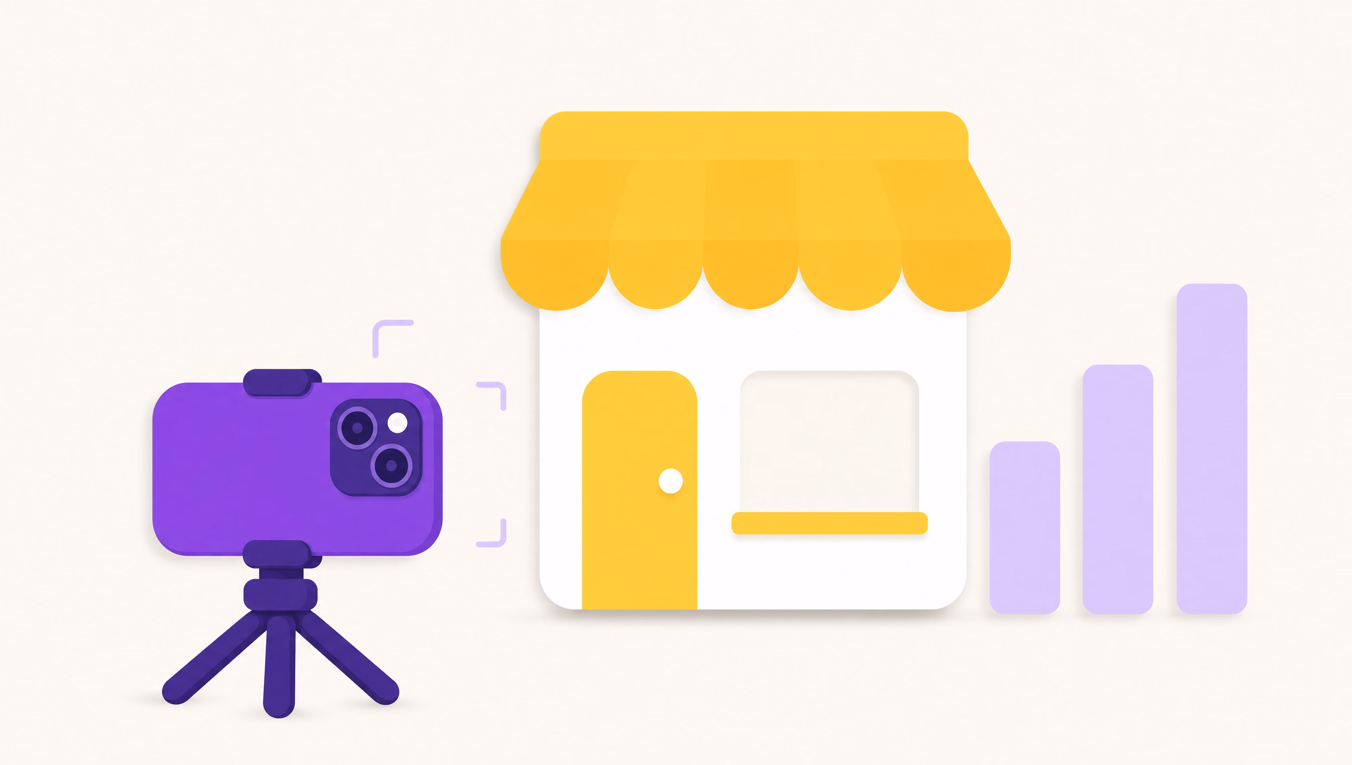Flat vector illustration of a violet phone camera pointing at a yellow storefront sign, with a lilac search results chart rising beside it