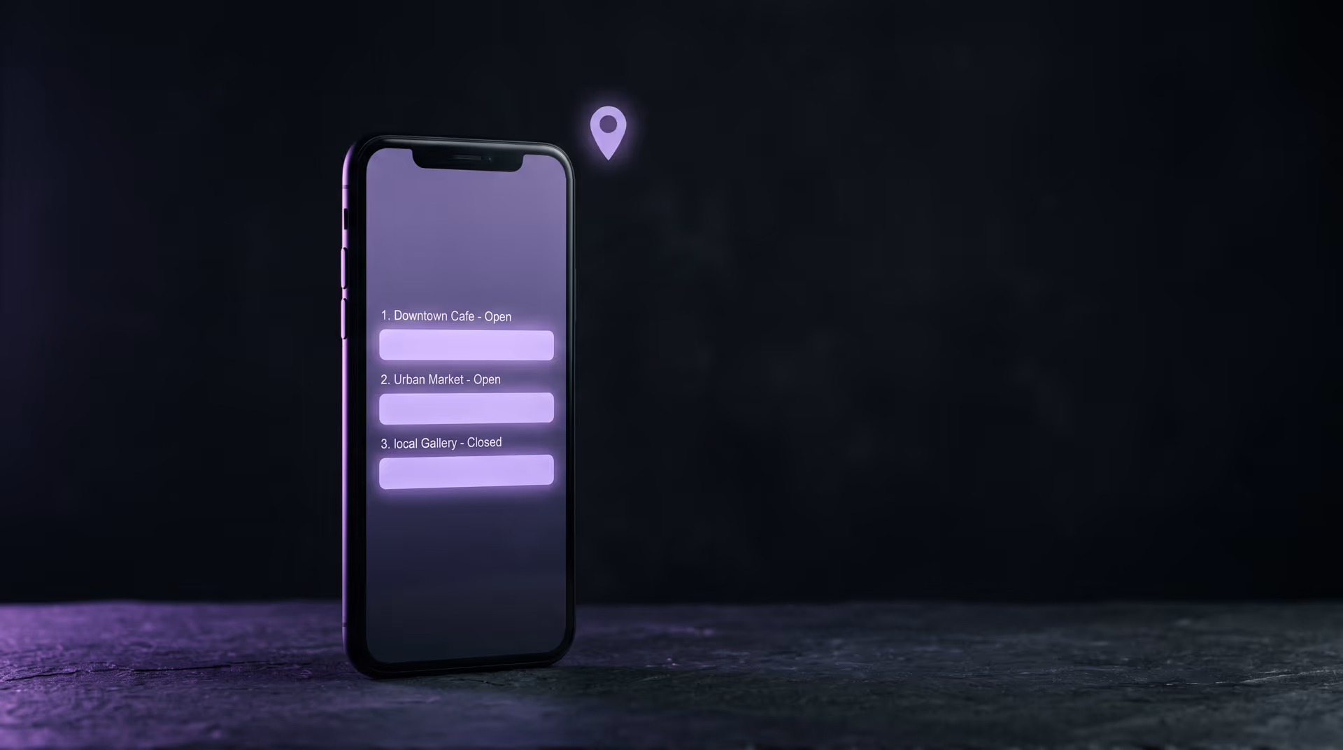Editorial dark studio image of a matte black smartphone showing three glowing violet map-pack listing bars with a purple location pin floating above it